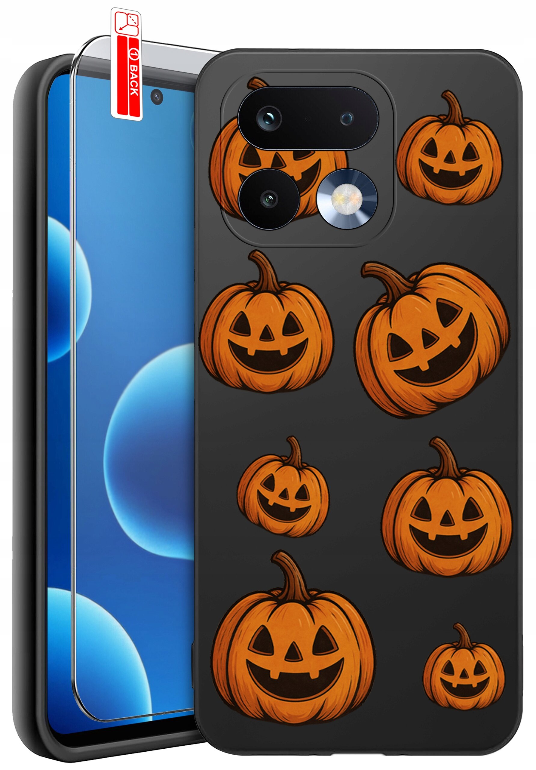 Na obrazie widoczne jest etui na telefon z motywem dyni w stylu Halloween oraz szkło ochronne z napisem \'BACK\'.