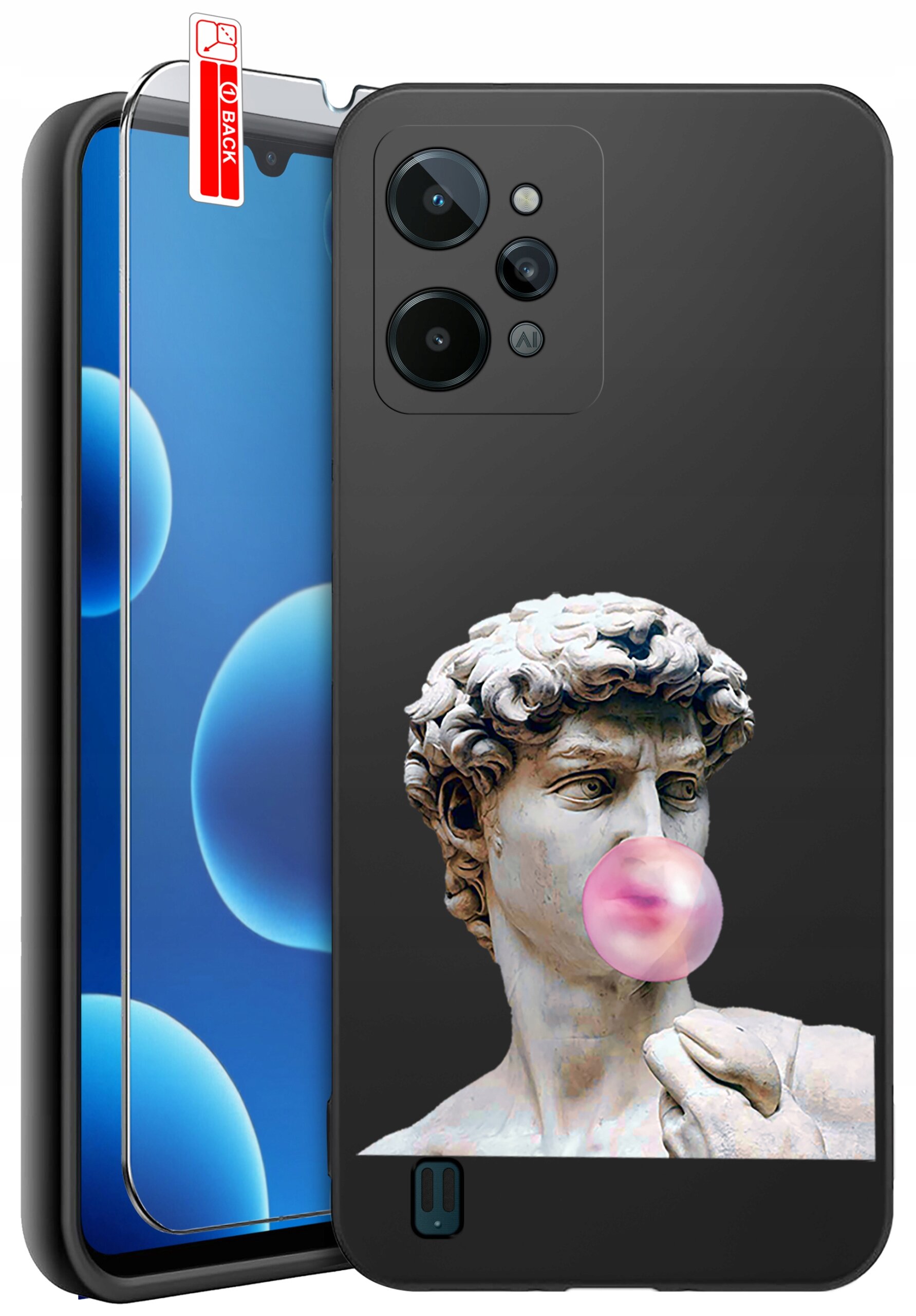 Etui na telefon z nadrukiem rzeźby dmuchającej różową gumę balonową. Obok znajduje się szkło ochronne z naklejką \'BACK\'.