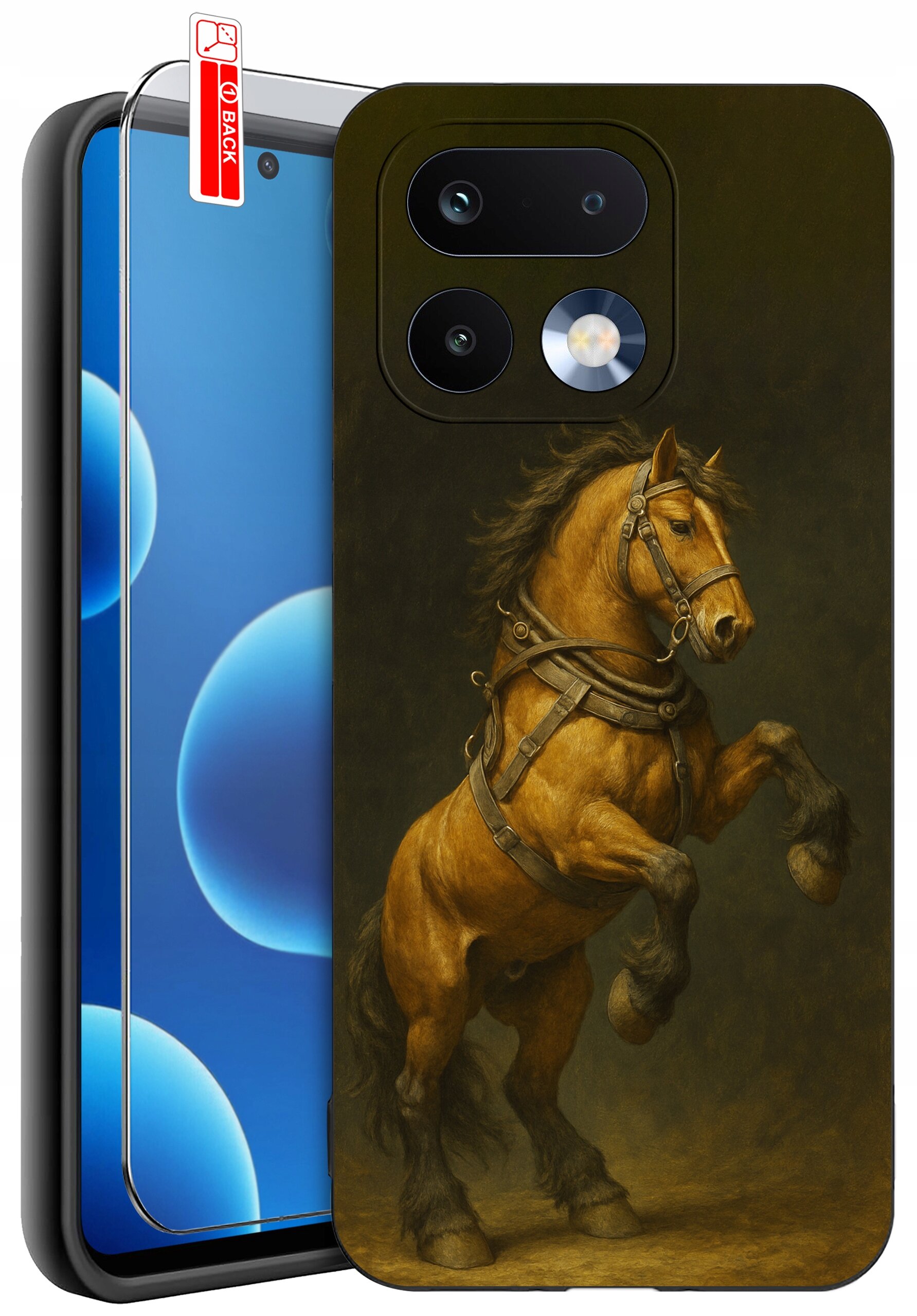 Etui na telefon z nadrukiem konia w galopie, obok widoczne szkło ochronne z oznaczeniem \'BACK\'.