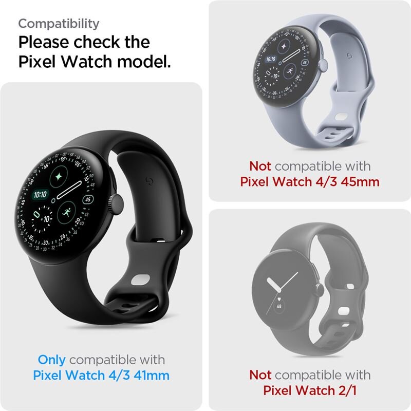 Obraz przedstawia trzy zegarki Pixel Watch z informacją o kompatybilności. Tylko model Pixel Watch 4/3 41mm jest kompatybilny, podczas gdy modele 4/3 45mm i 2/1 nie są kompatybilne.