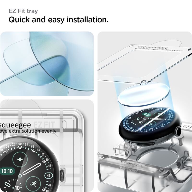 Obraz przedstawia zestaw do montażu ochrony ekranu na zegarku, z napisem \'EZ Fit tray Quick and easy installation\'. Widać przezroczystą osłonę ekranu oraz zegarek umieszczony w plastikowej ramce.