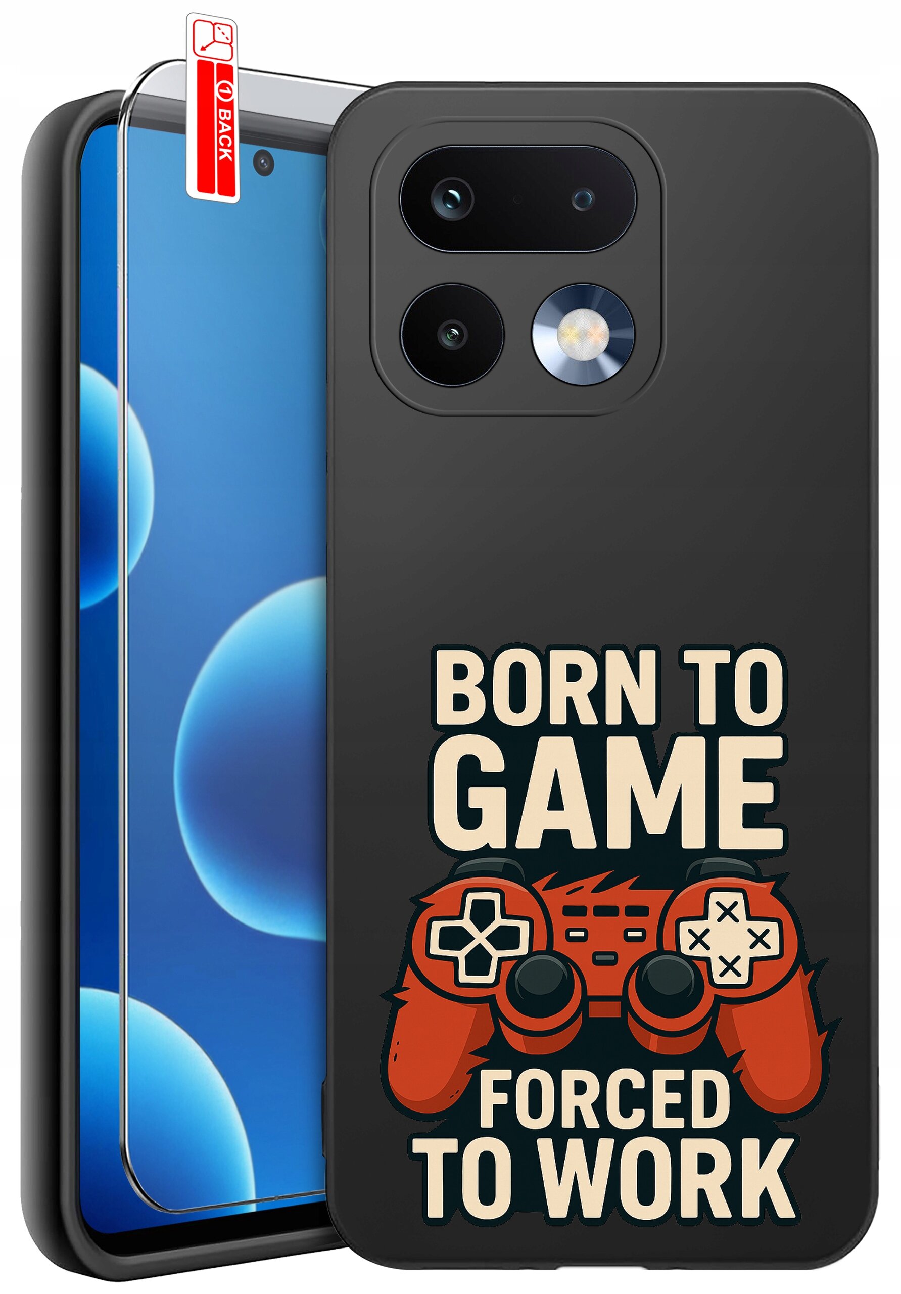 Czarne etui na telefon z napisem \'BORN TO GAME FORCED TO WORK\' oraz grafiką czerwonego kontrolera do gier. Obok etui znajduje się szkło ochronne na ekran z oznaczeniem \'BACK\'.
