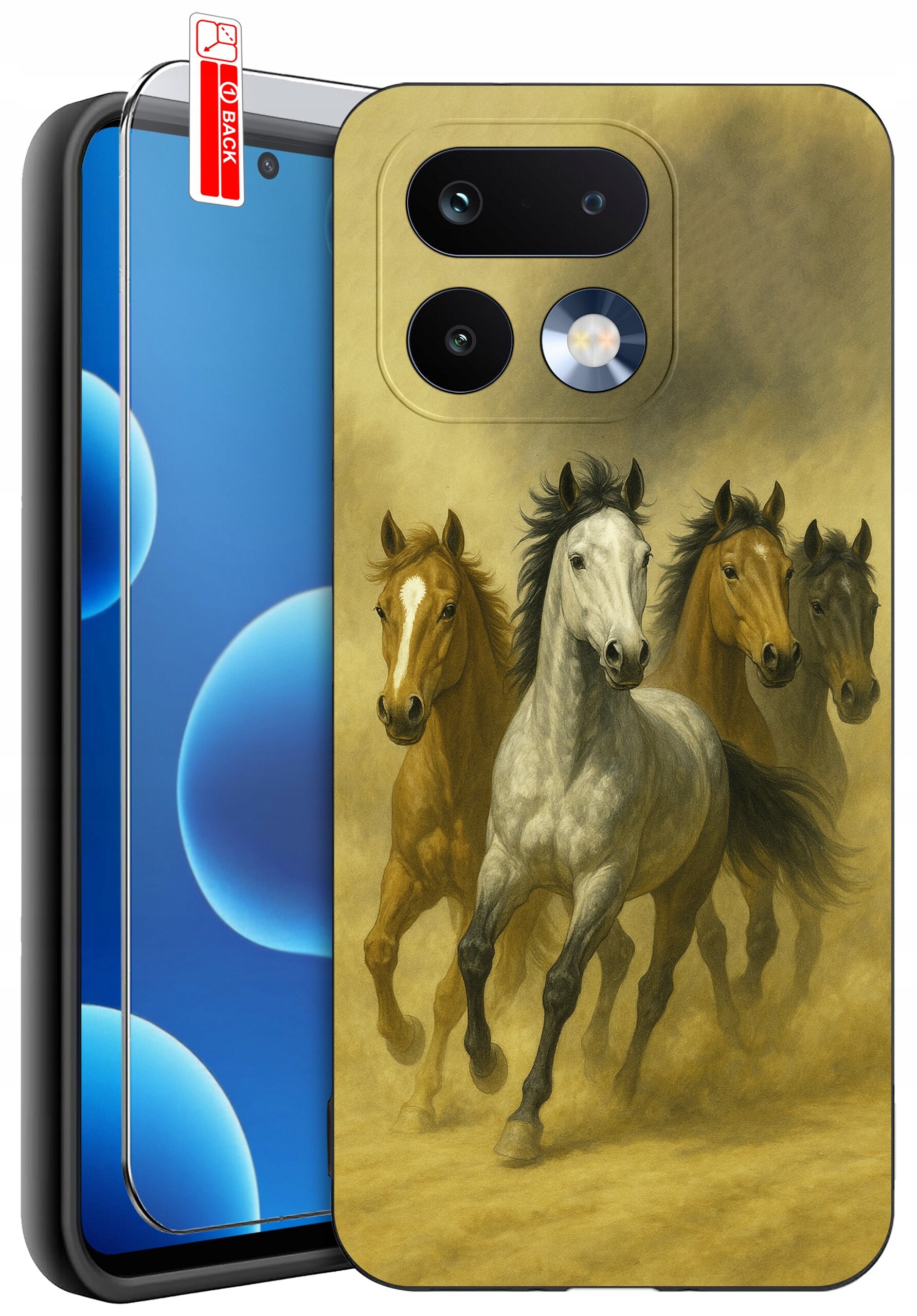 Etui na telefon z nadrukiem czterech biegnących koni na tle pustynnego krajobrazu. Obok etui znajduje się szkło ochronne z oznaczeniem \'BACK\'.