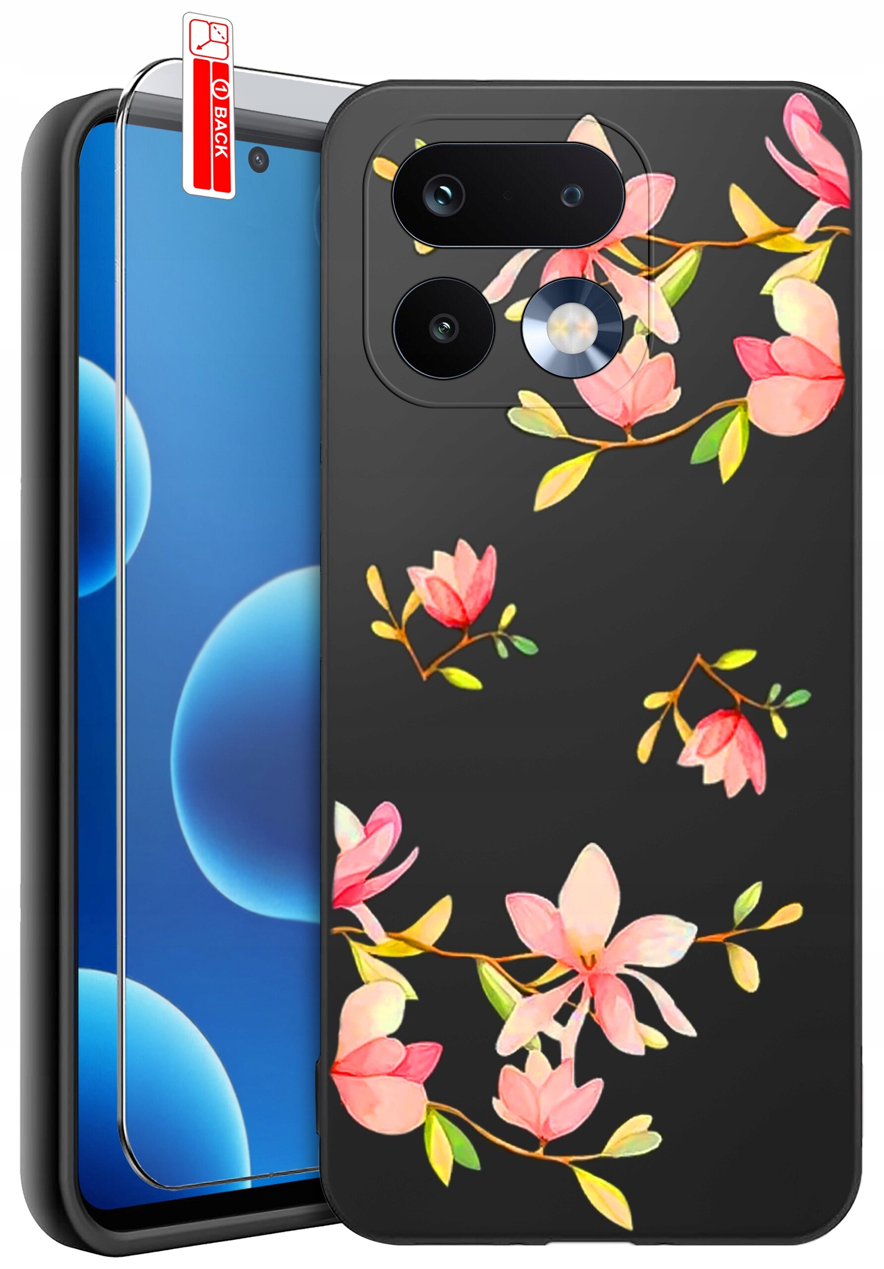 Czarne etui na telefon z kolorowym wzorem kwiatów i liści. Obok znajduje się szkło ochronne z naklejką \'BACK\'.