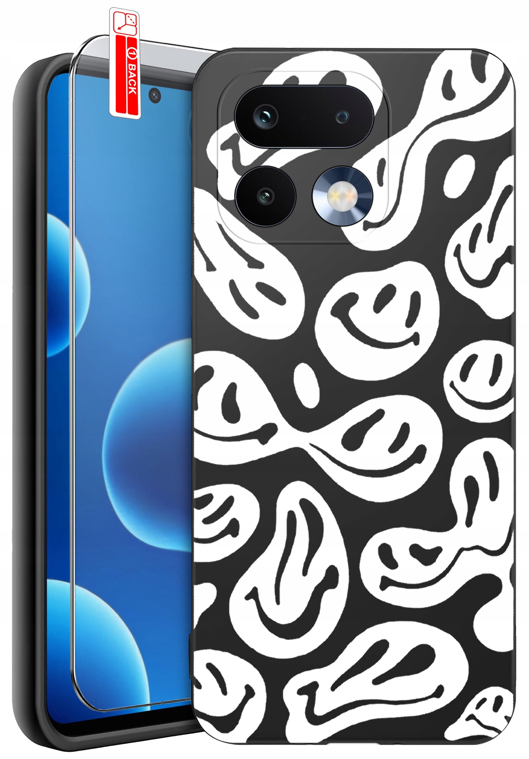 Obraz przedstawia czarne etui na telefon z białymi wzorami przypominającymi uśmiechnięte twarze. Obok etui znajduje się szkło ochronne z napisem \'BACK\'.