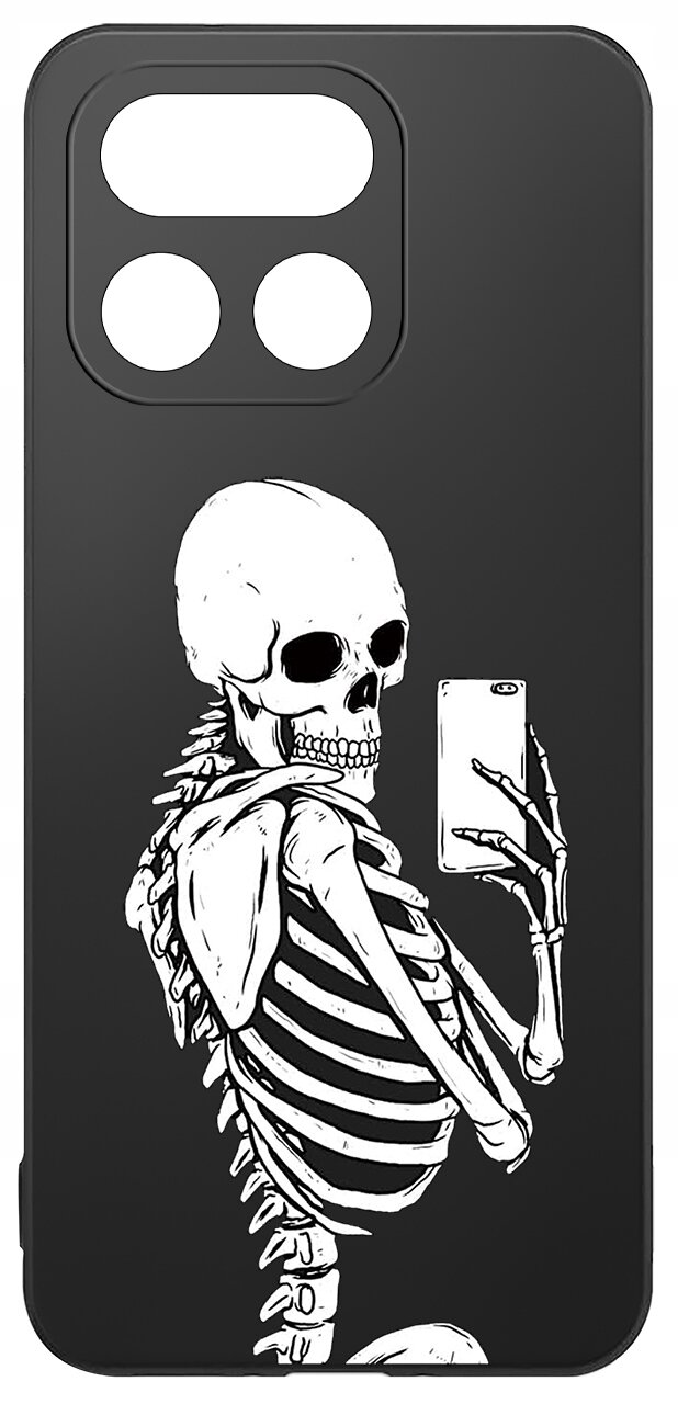 Czarne etui z nadrukiem szkieletu trzymającego telefon, wykonane z matowego silikonu. Etui posiada wycięcia na aparat i lampę błyskową.