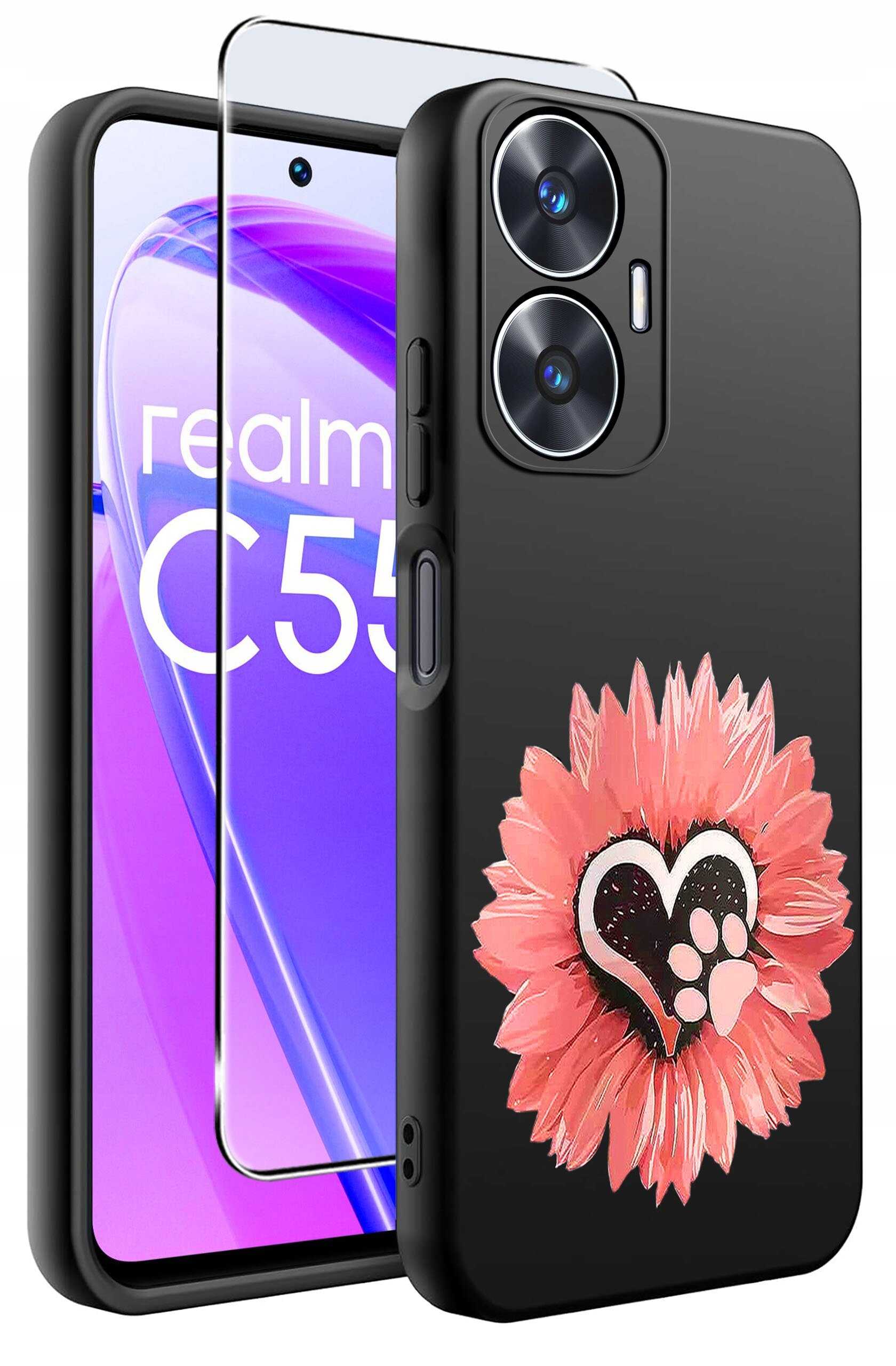 Obraz przedstawia czarne etui na telefon z różowym kwiatem i sercem z odciskiem łapy na tylnej stronie. Obok etui znajduje się szkło ochronne, a na ekranie telefonu widoczny jest napis \'realme C55\'.