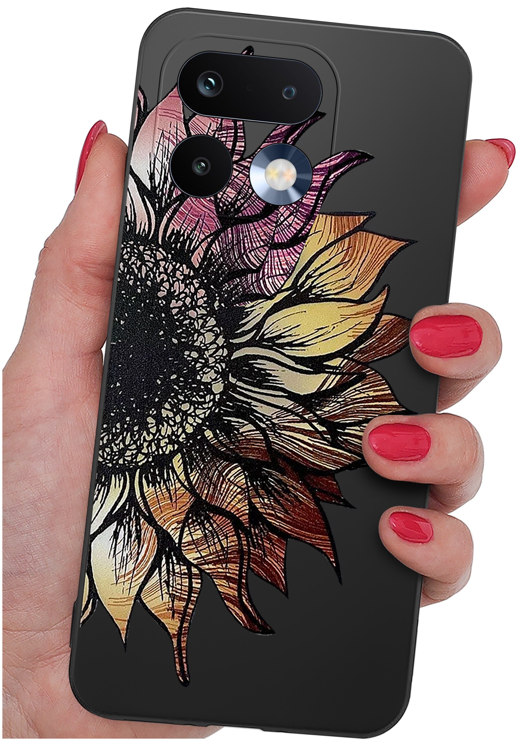 Osoba trzyma telefon z etui ozdobionym wzorem słonecznika w odcieniach żółci, pomarańczu i różu. Etui jest matowe i ma wycięcia na aparat oraz lampę błyskową.