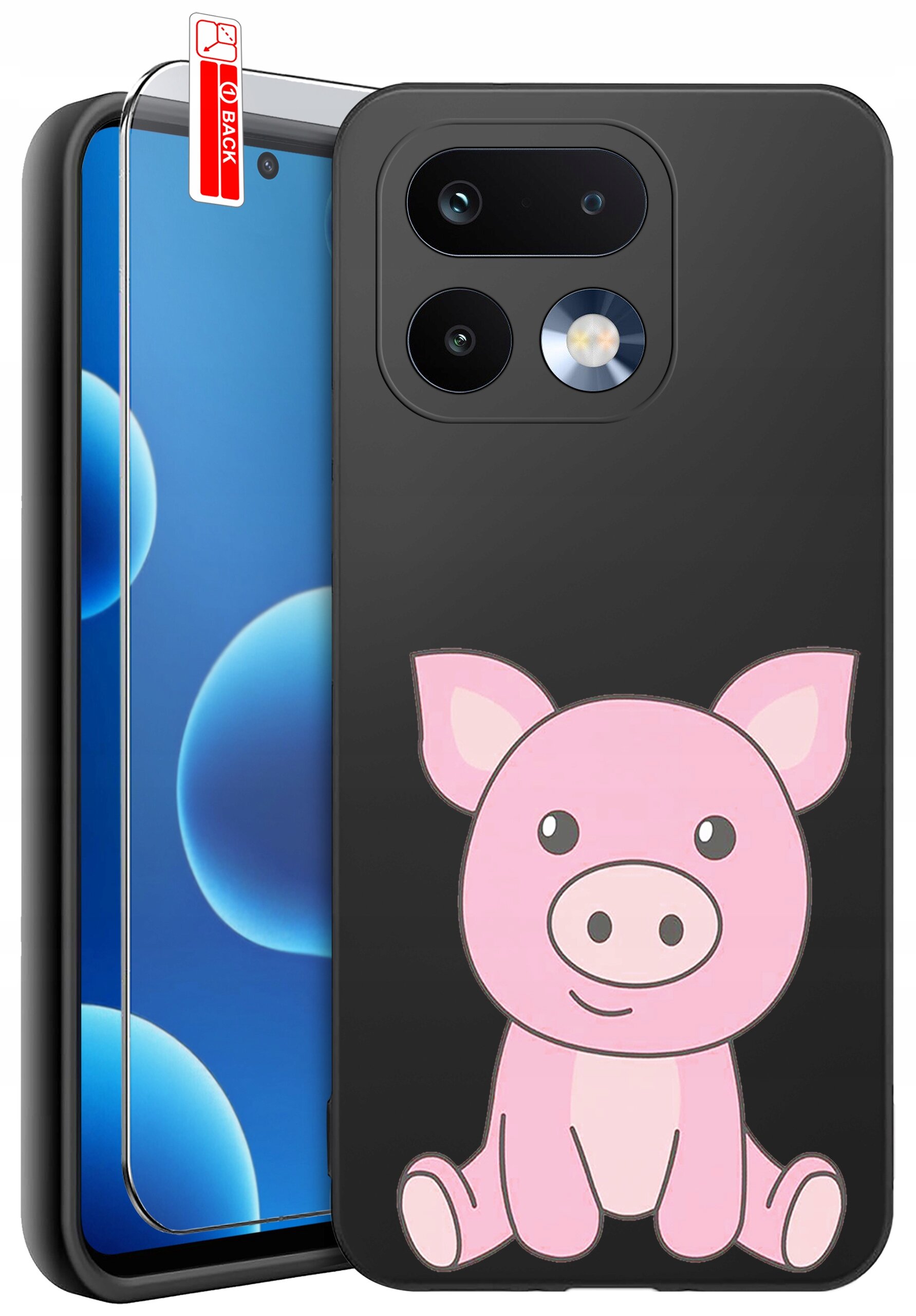 Czarne etui na telefon z nadrukiem różowej świnki oraz szkło ochronne z oznaczeniem \'BACK\'.