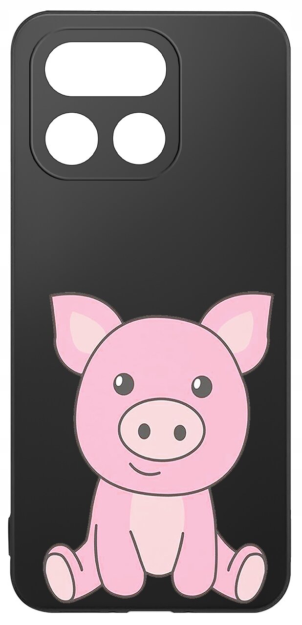 Czarne etui na telefon z wycięciami na aparat, ozdobione rysunkiem różowej świnki. Etui wykonane jest z matowego silikonu.