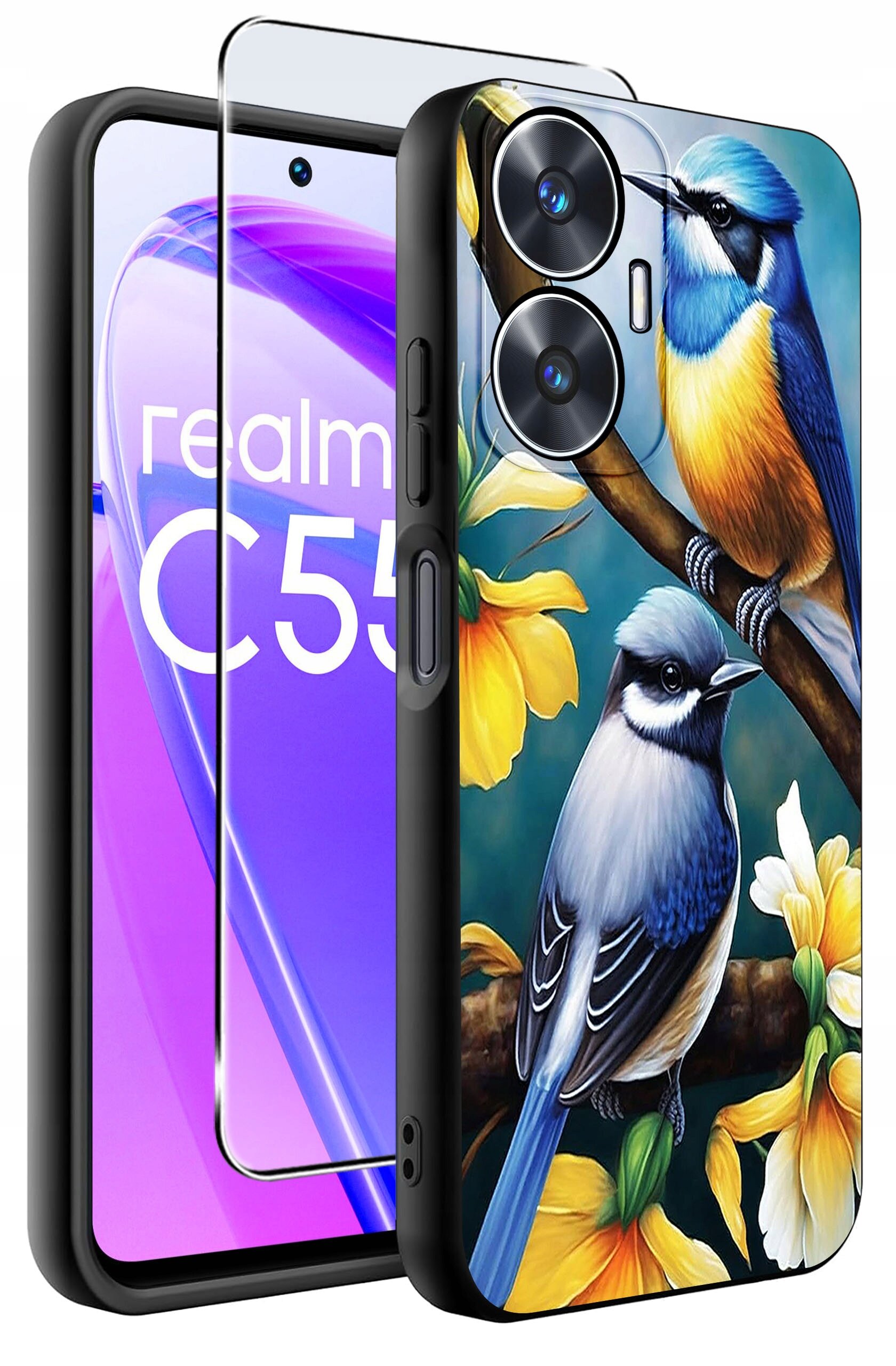 Etui na telefon z kolorowym wzorem ptaków siedzących na gałęzi z kwiatami. Obok widoczny jest telefon z napisem \'realme C55\' na ekranie oraz szkło ochronne.