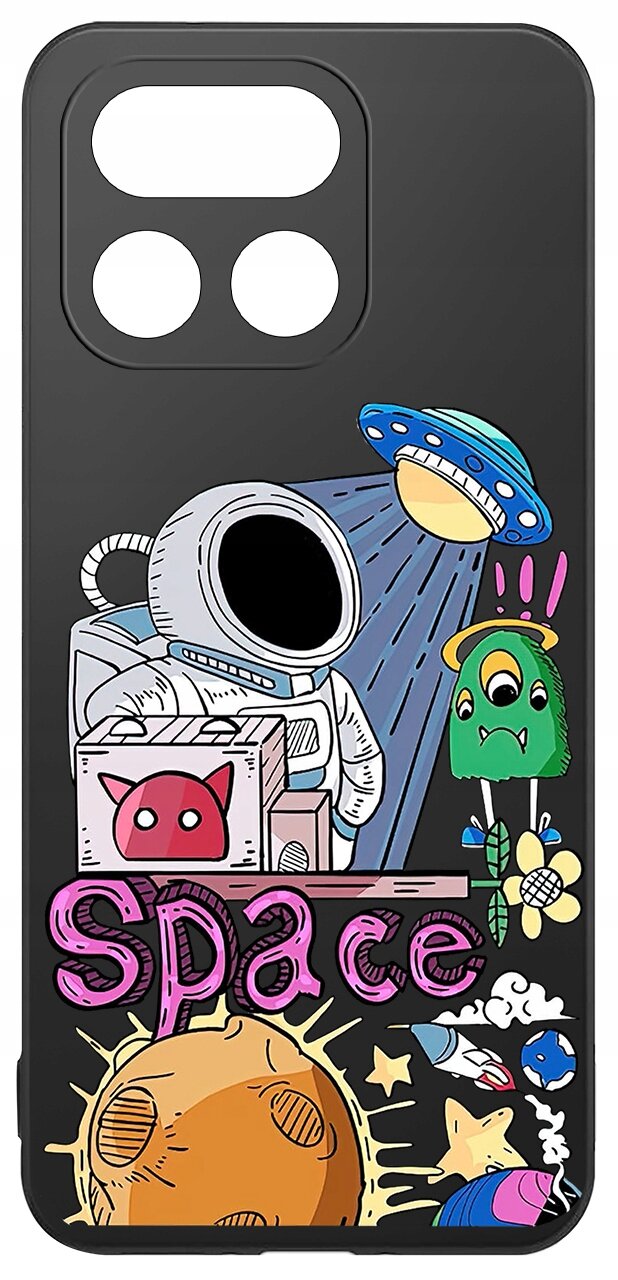 Etui na telefon z kolorowym nadrukiem przedstawiającym astronautę, latający spodek, zielonego stworka i napis \'Space\'.
