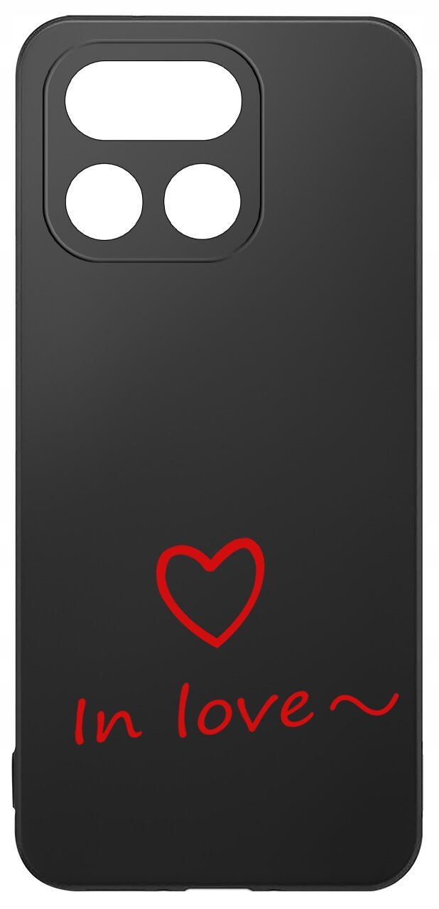 Czarne etui z trzema wycięciami na aparat, ozdobione czerwonym sercem i napisem \'In love~\'.