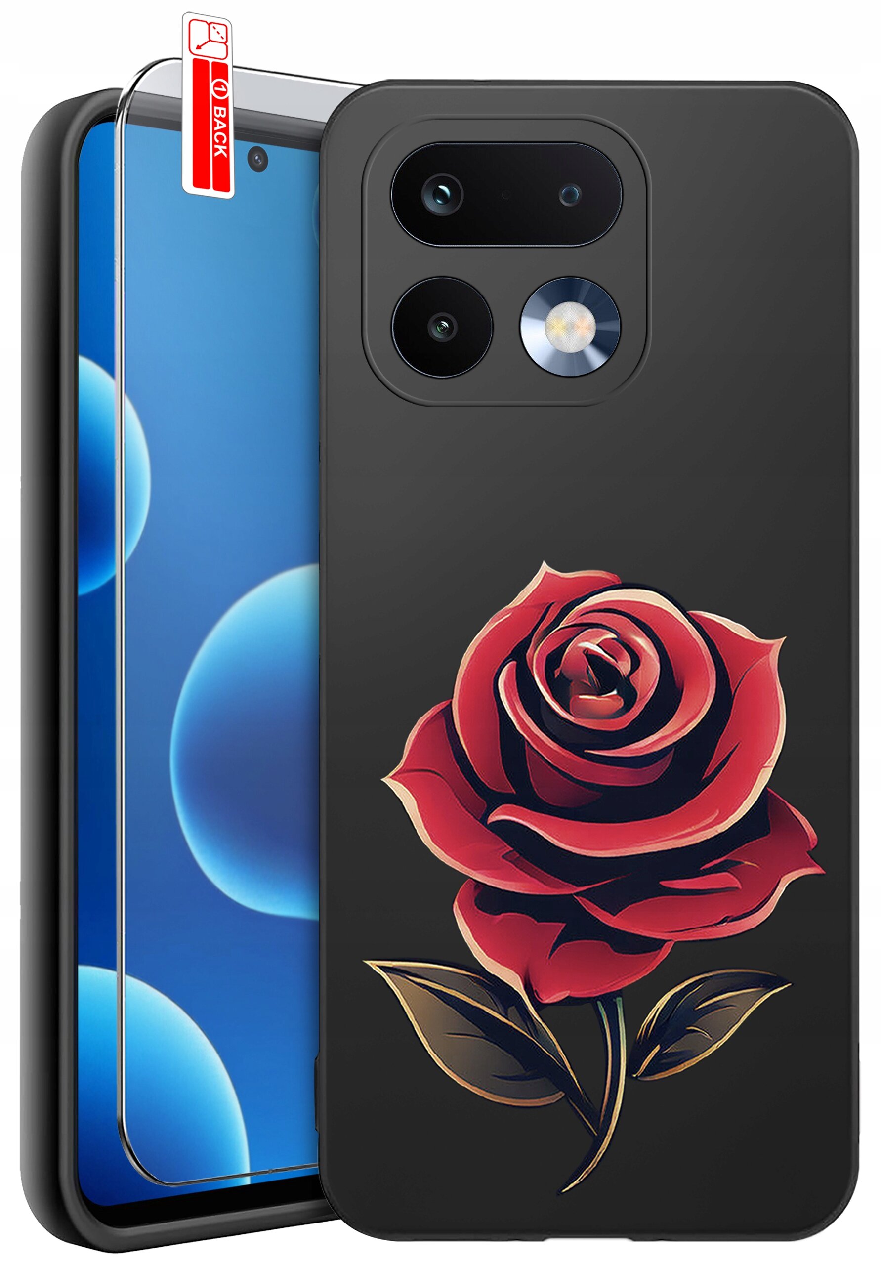 Czarne etui na telefon z nadrukiem czerwonej róży, obok znajduje się szkło ochronne z napisem \'BACK\'.