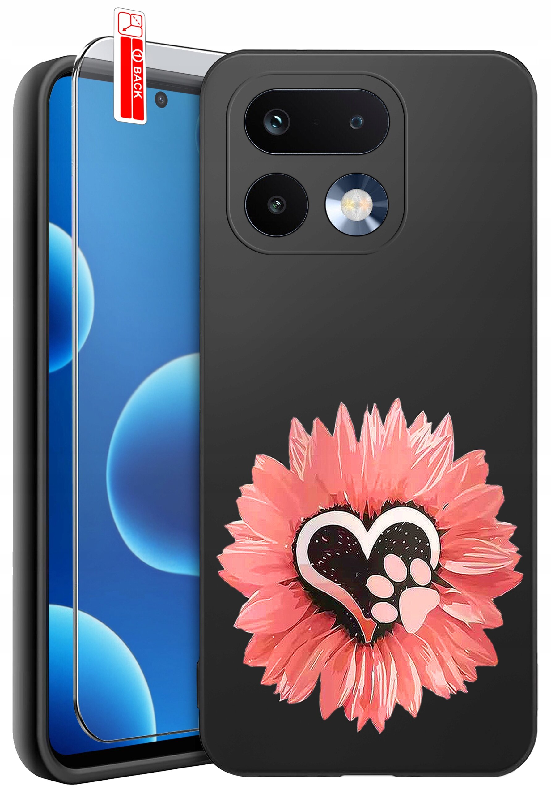 Czarne etui na telefon z motywem różowego kwiatu i serca z odciskiem łapy. Obok etui znajduje się szkło ochronne z napisem \'BACK\'.