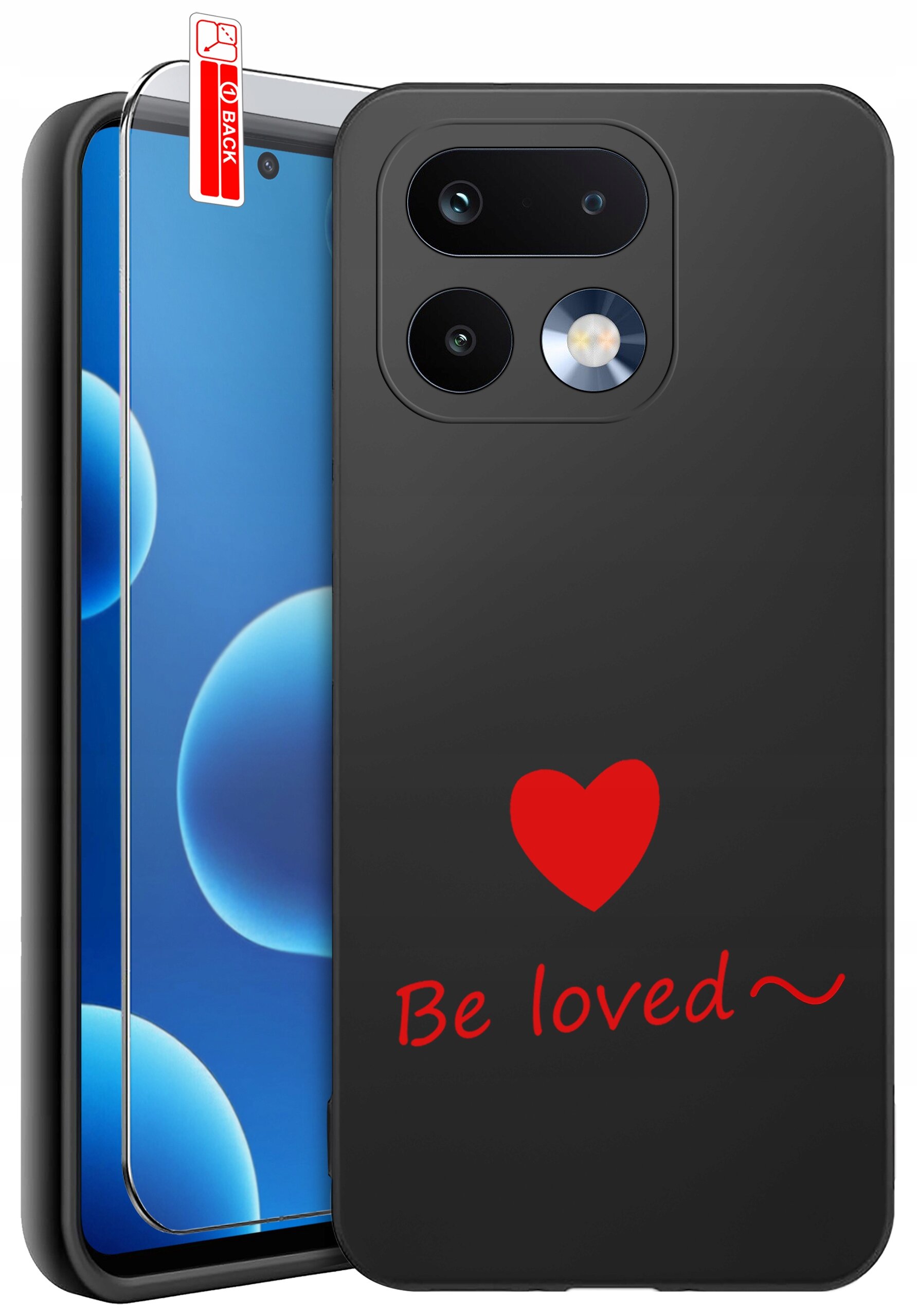 Czarne silikonowe etui z czerwonym sercem i napisem \'Be loved~\'. Obok etui znajduje się szkło ochronne z oznaczeniem \'BACK\'.