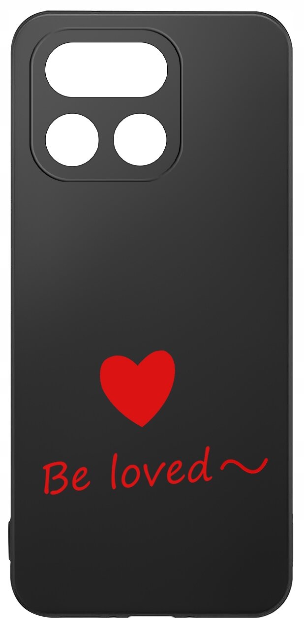 Czarne etui z trzema otworami na aparat, ozdobione czerwonym sercem i napisem \'Be loved~\'.