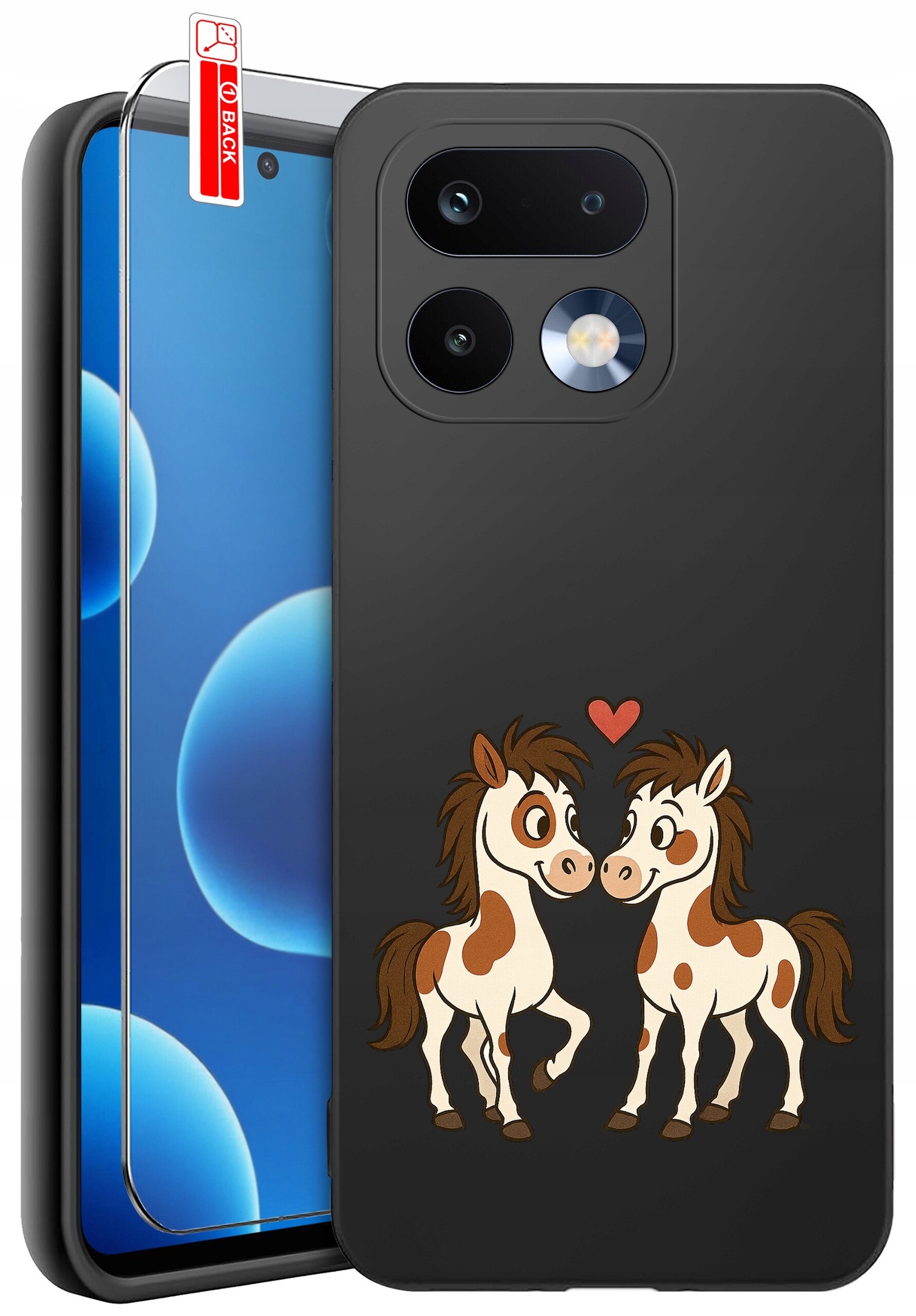 Czarne etui na telefon z grafiką dwóch uśmiechniętych koników i czerwonym sercem nad nimi. Obok etui znajduje się szkło ochronne z napisem \'BACK\'.