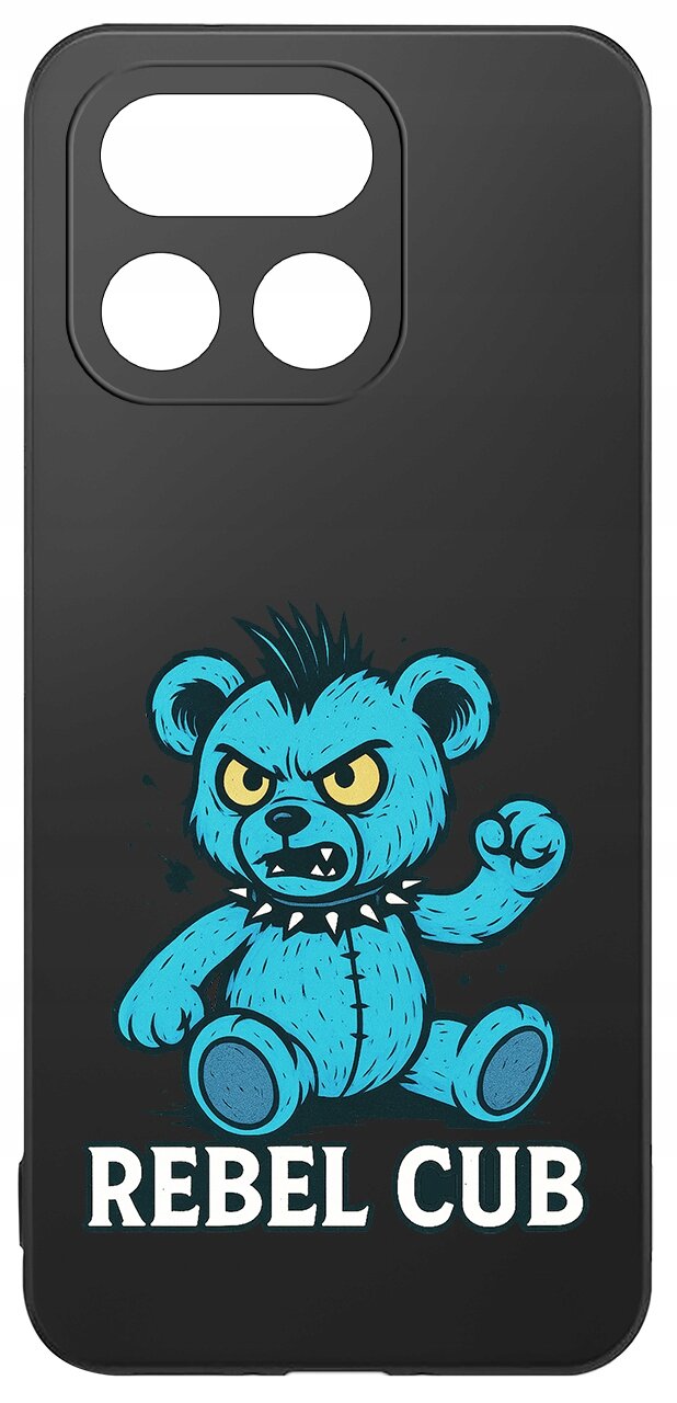 Czarne etui z nadrukiem niebieskiego misia o groźnym wyrazie twarzy i napisem \'REBEL CUB\'.