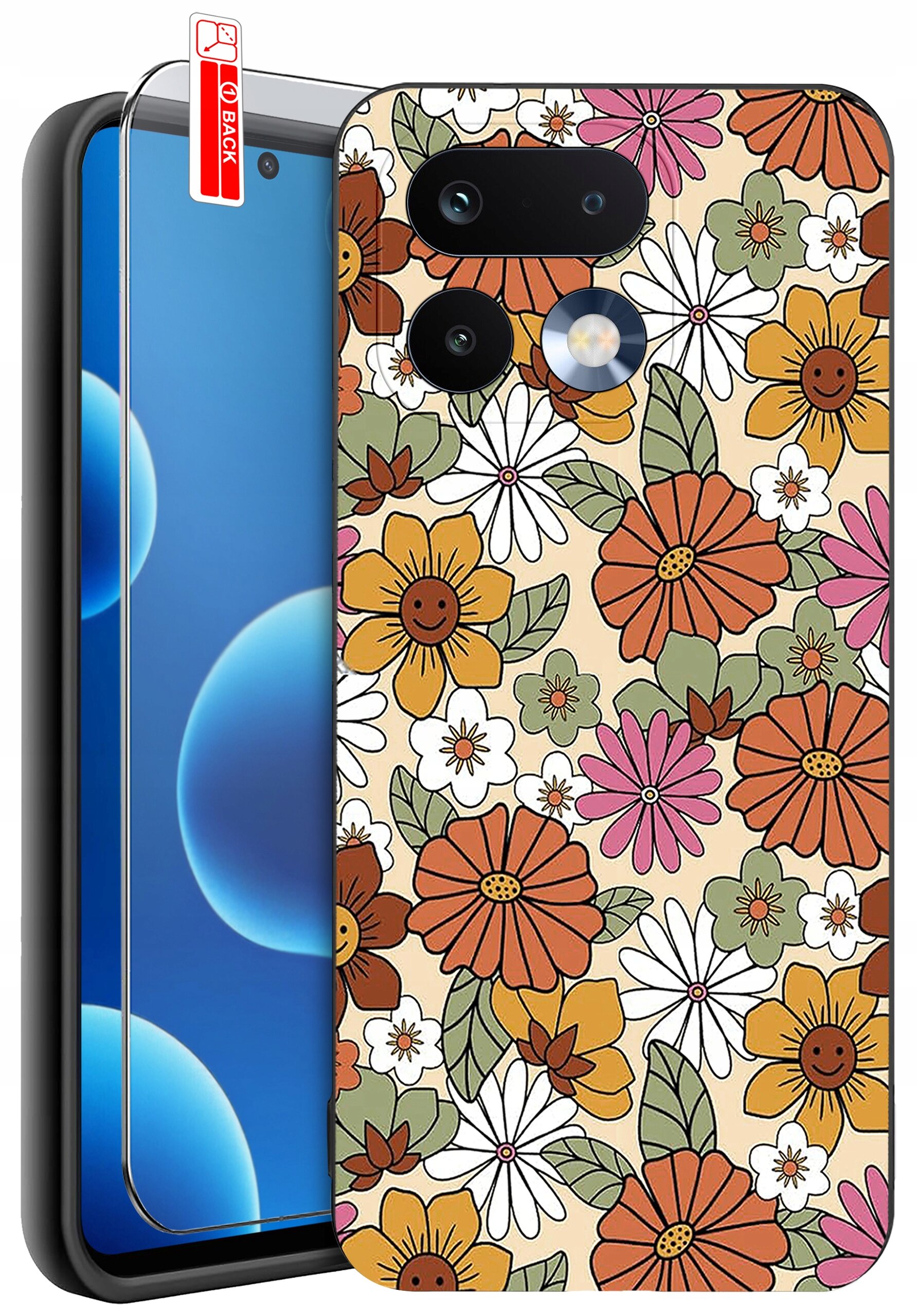 Etui na telefon z kolorowym wzorem kwiatów w odcieniach pomarańczowego, różowego i białego. Obok etui znajduje się szkło ochronne z napisem \'BACK\'.