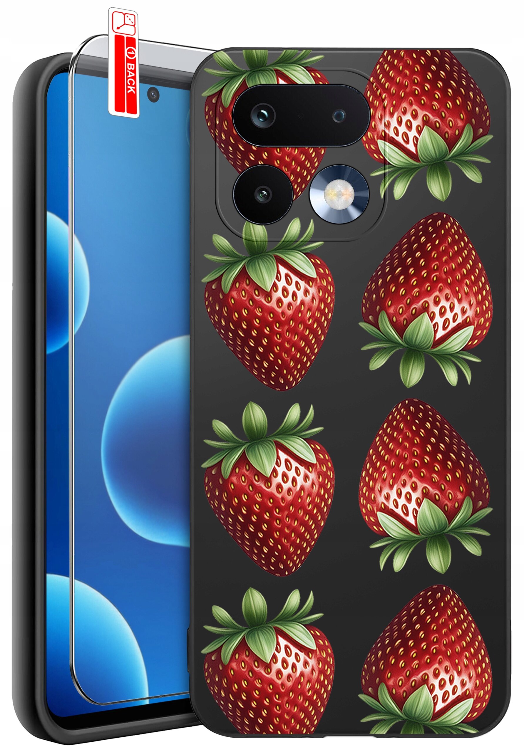 Etui na telefon z wzorem truskawek, wykonane z czarnego materiału. Obok etui znajduje się szkło ochronne z oznaczeniem \'BACK\'.