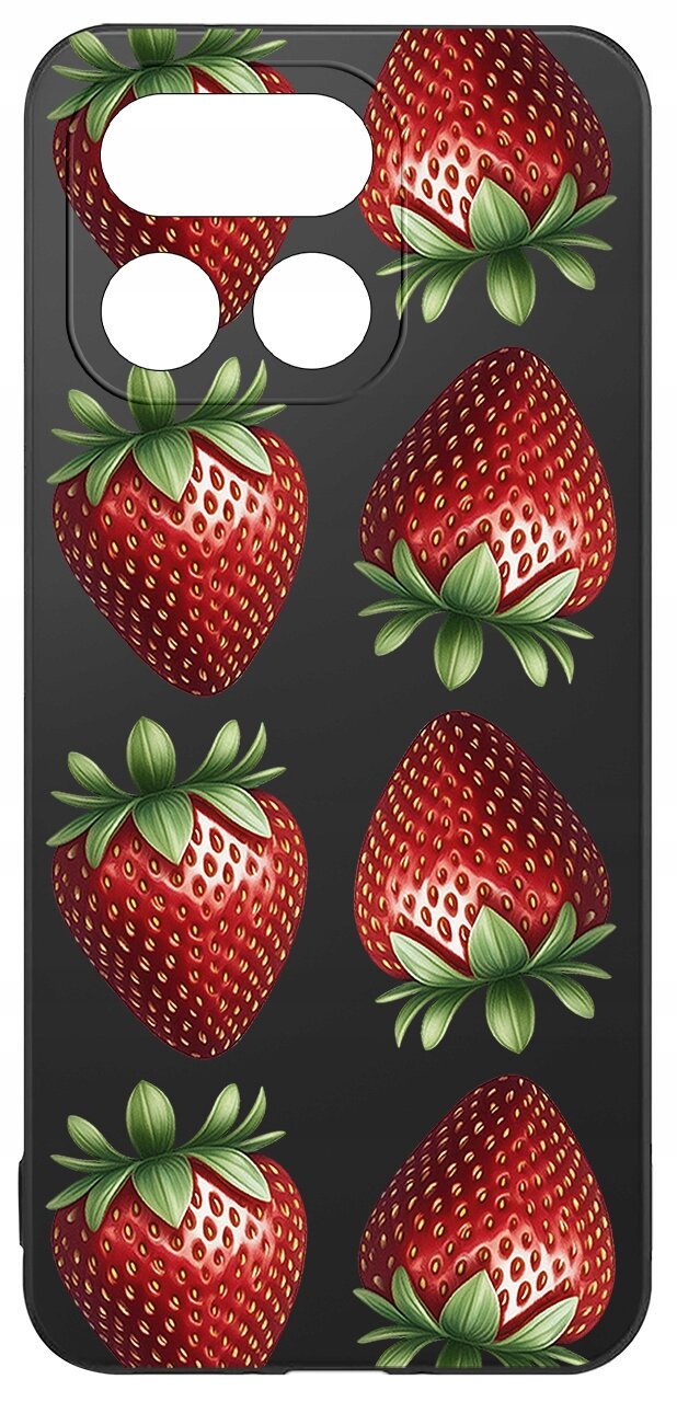 Etui na telefon z wzorem przedstawiającym czerwone truskawki na ciemnym tle. Etui ma wycięcia na aparat i przyciski.