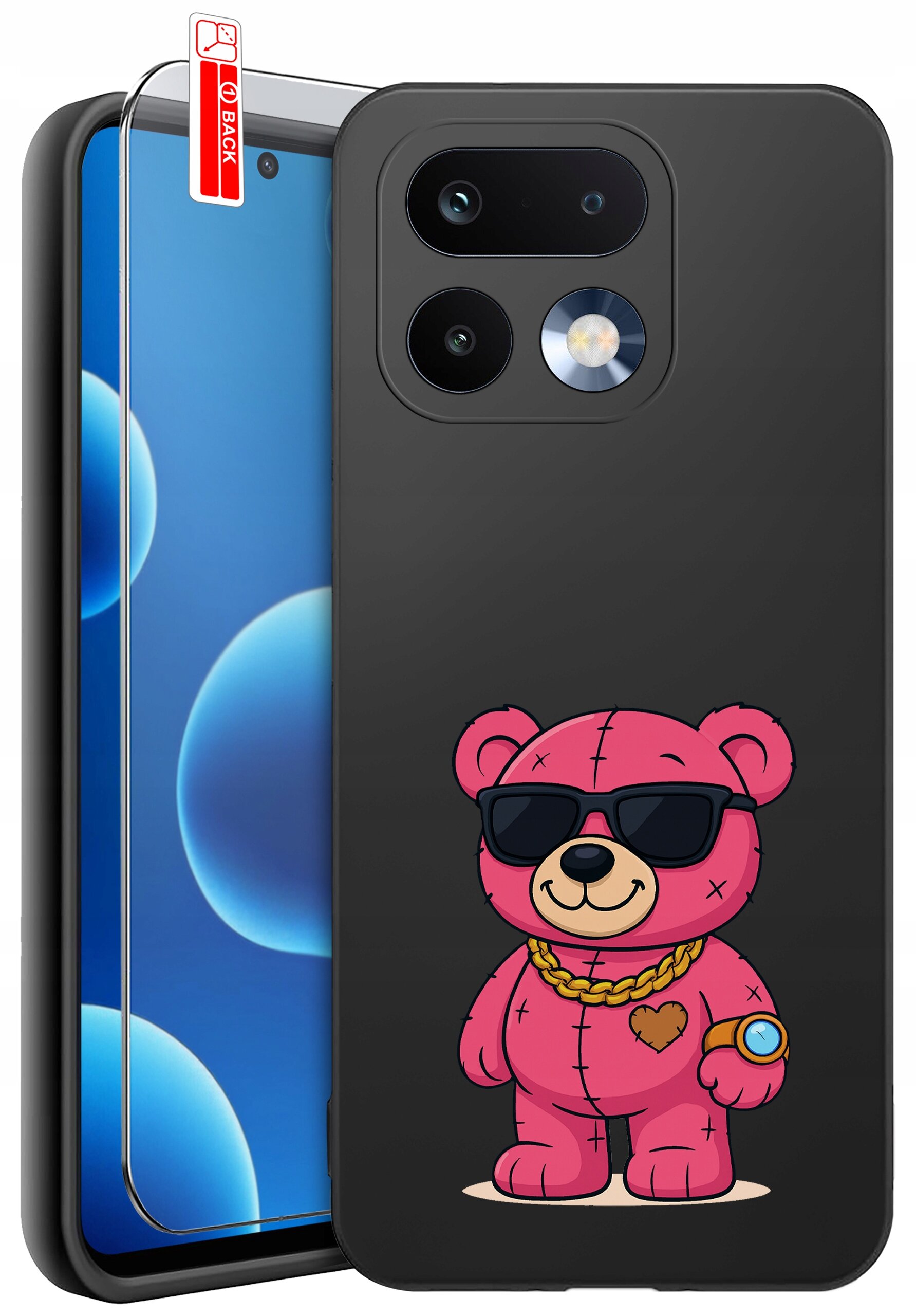 Czarne etui na telefon z nadrukiem różowego misia w okularach przeciwsłonecznych, złotym łańcuszku i zegarku. Obok etui znajduje się szkło ochronne z oznaczeniem \'BACK\'.