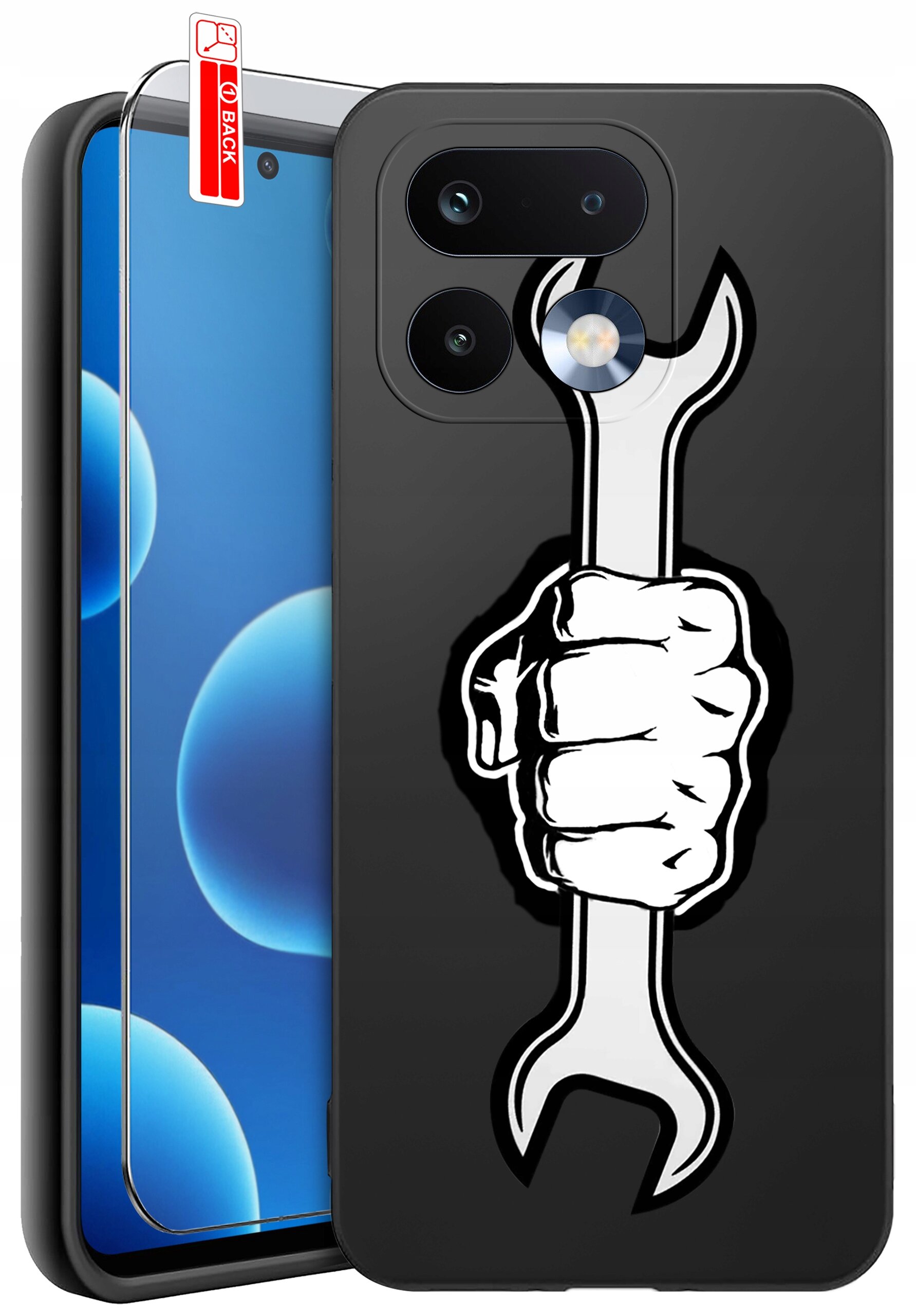 Czarne etui na telefon z nadrukiem białej dłoni trzymającej klucz. Obok znajduje się szkło ochronne z napisem \'BACK\'.