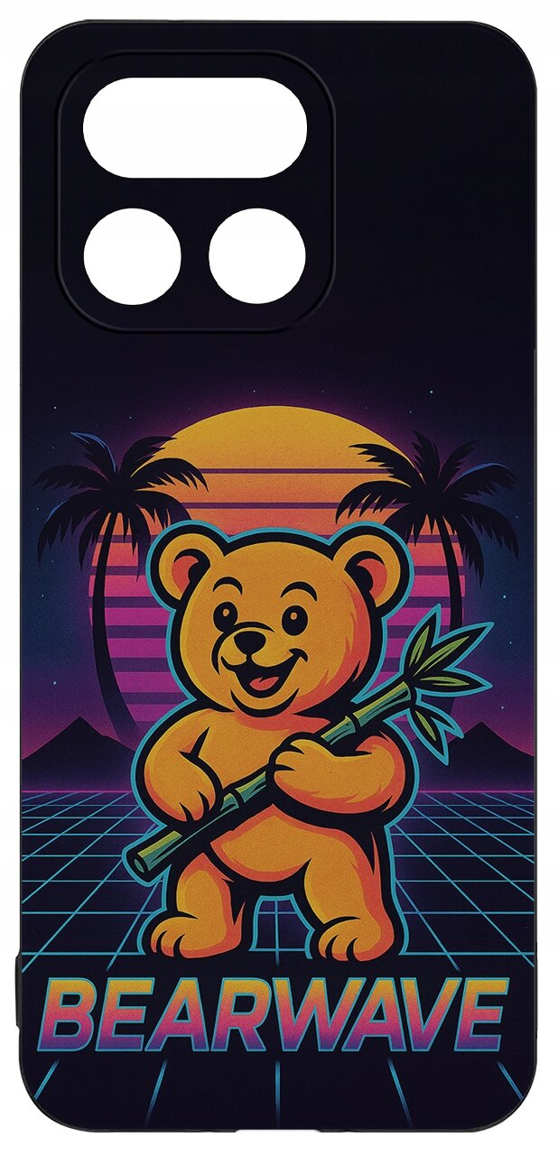 Etui z grafiką przedstawiającą uśmiechniętego misia trzymającego bambus, na tle zachodzącego słońca i palm. Na dole widnieje napis \'BEARWAVE\'.