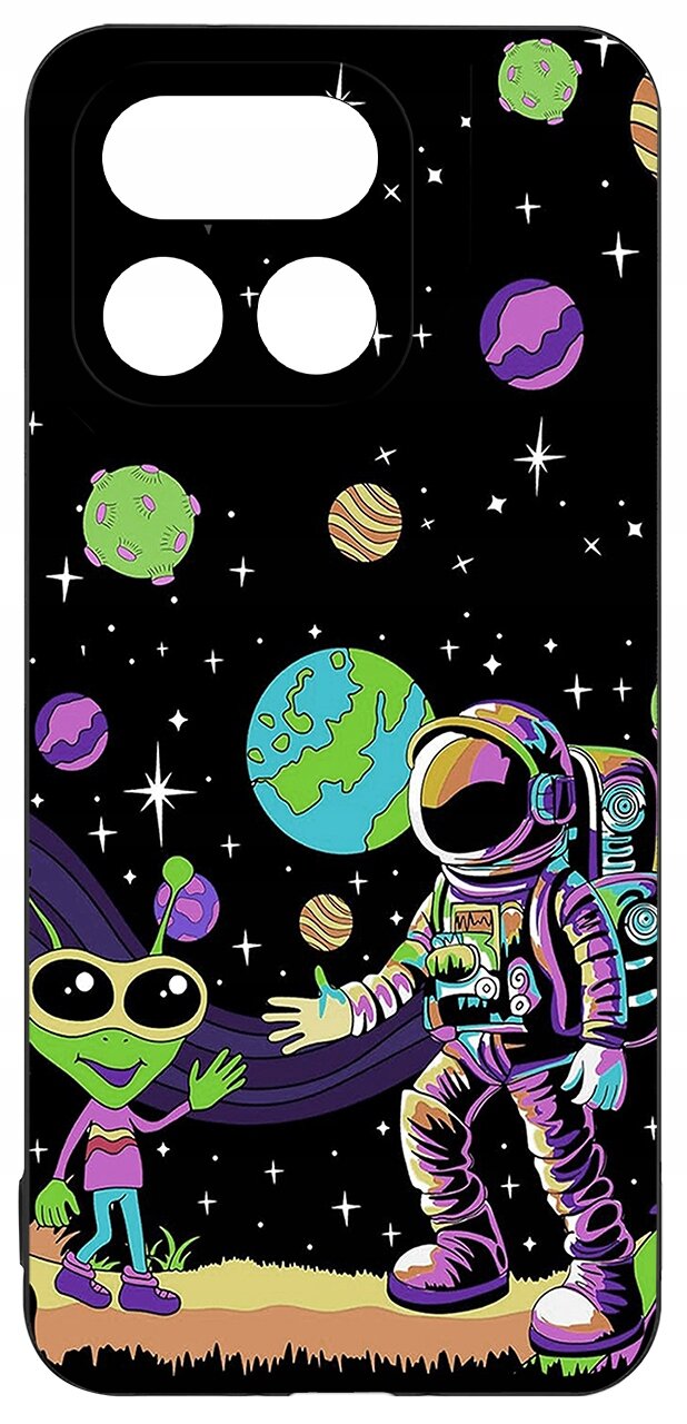 Etui na telefon z kolorowym wzorem przedstawiającym astronautę i zielonego kosmitę na tle kosmosu z planetami i gwiazdami.