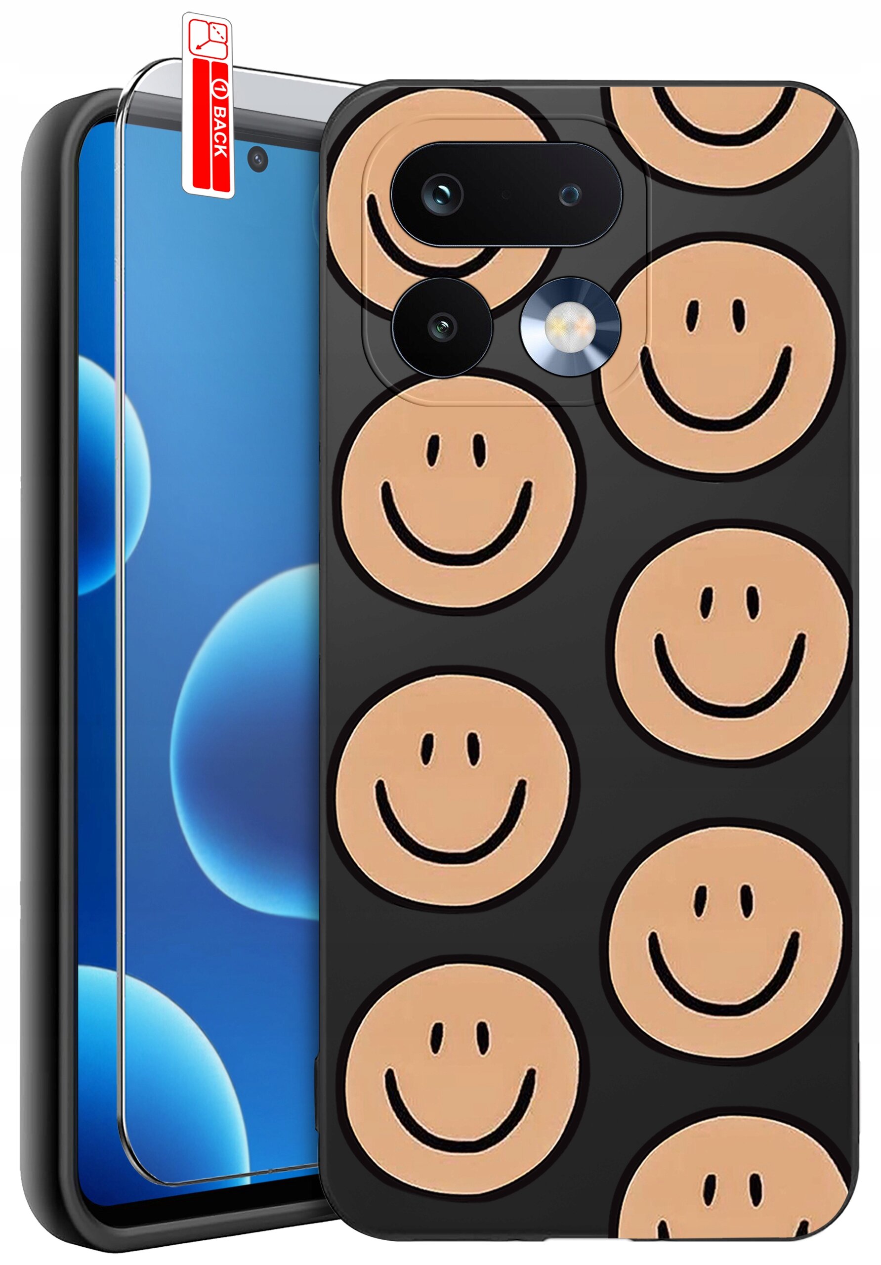 Obraz przedstawia silikonowe etui na telefon z wzorem uśmiechniętych buziek na czarnym tle. Obok etui znajduje się szkło ochronne z napisem \'BACK\'.