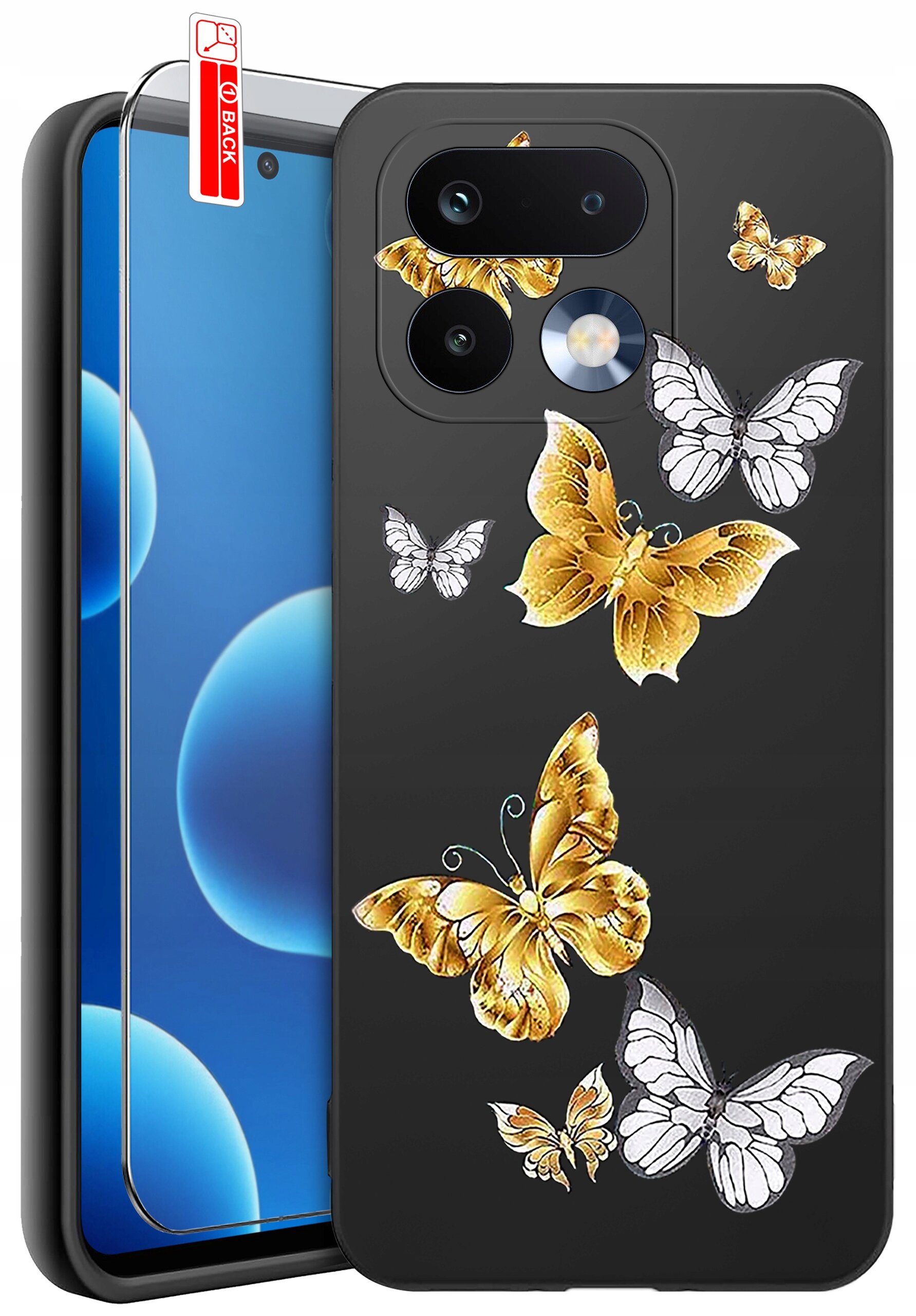 Obraz przedstawia czarne etui na telefon z wzorem kolorowych motyli oraz szkło ochronne z napisem \'BACK\'.