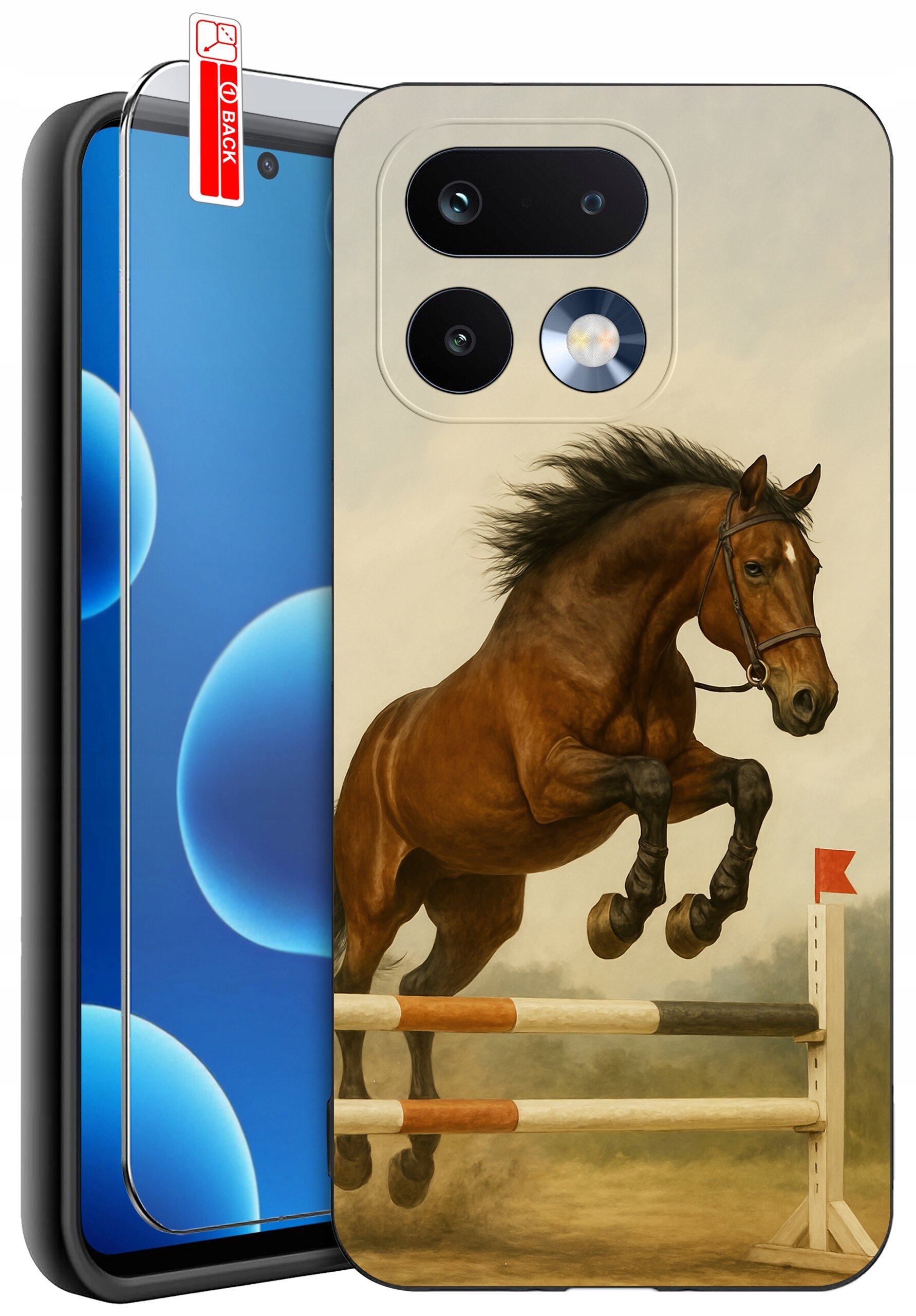 Etui na telefon z nadrukiem skaczącego konia, obok widoczna jest ochrona ekranu z napisem \'BACK\'.