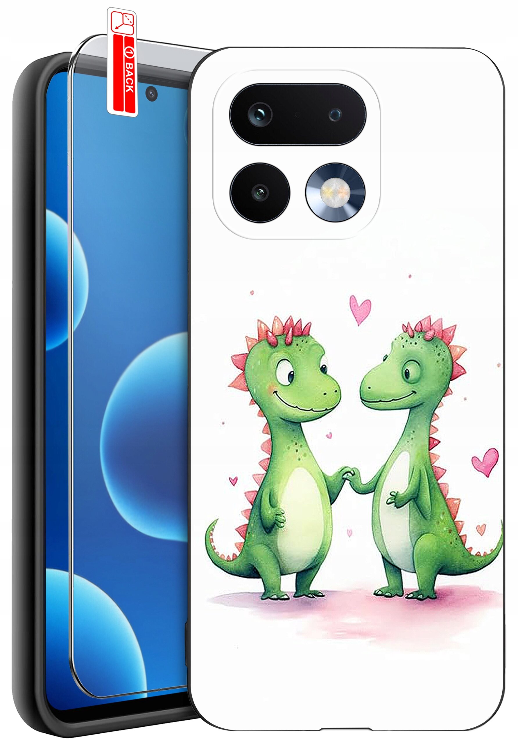 Etui na telefon z grafiką dwóch zielonych dinozaurów trzymających się za ręce, otoczonych różowymi serduszkami. Obok etui znajduje się szkło ochronne z napisem \'BACK\'.