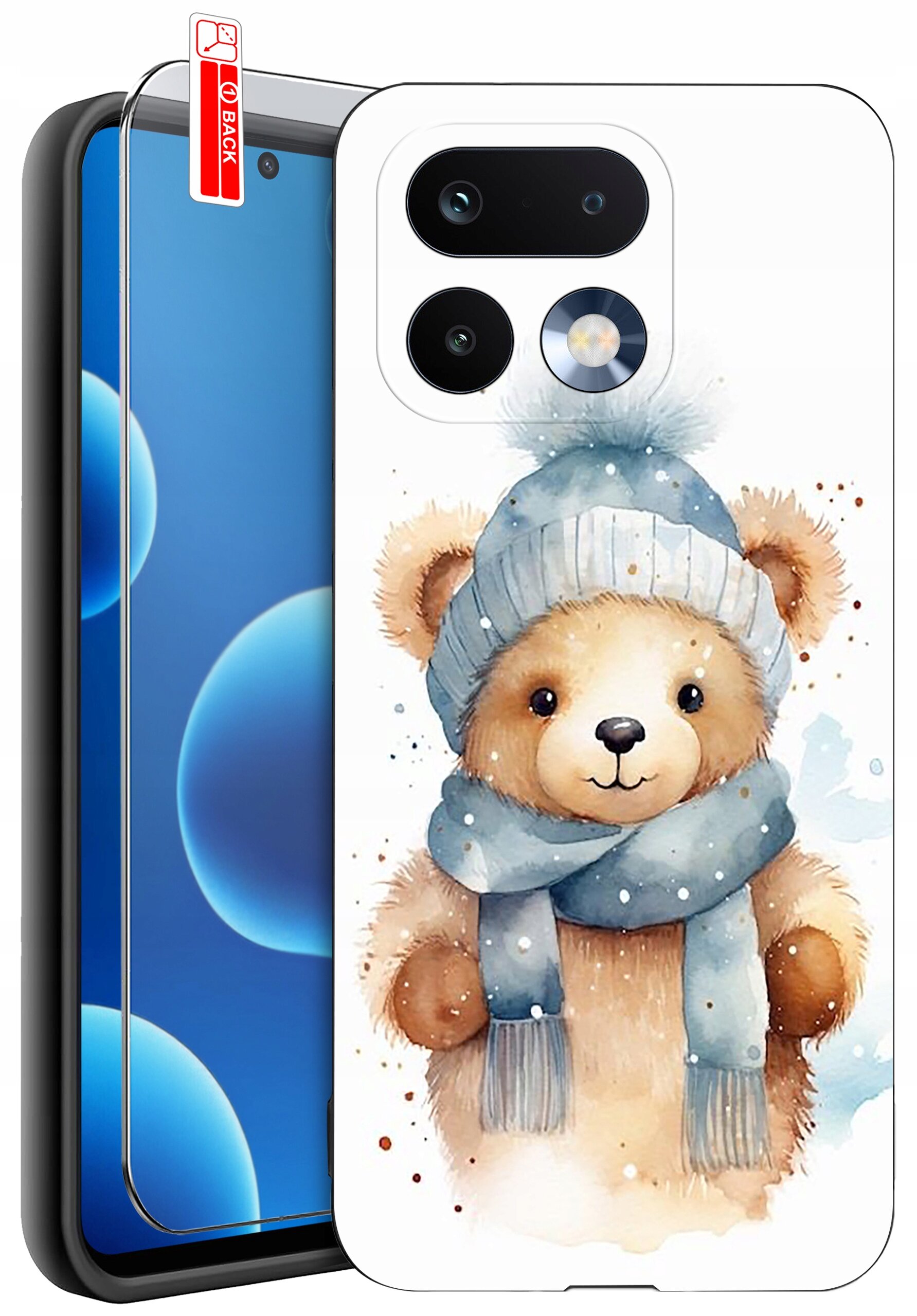 Etui na telefon z nadrukiem misia w czapce i szaliku, obok widoczny ekran telefonu z niebieskim tłem. Na etui znajduje się napis \'BACK\'.