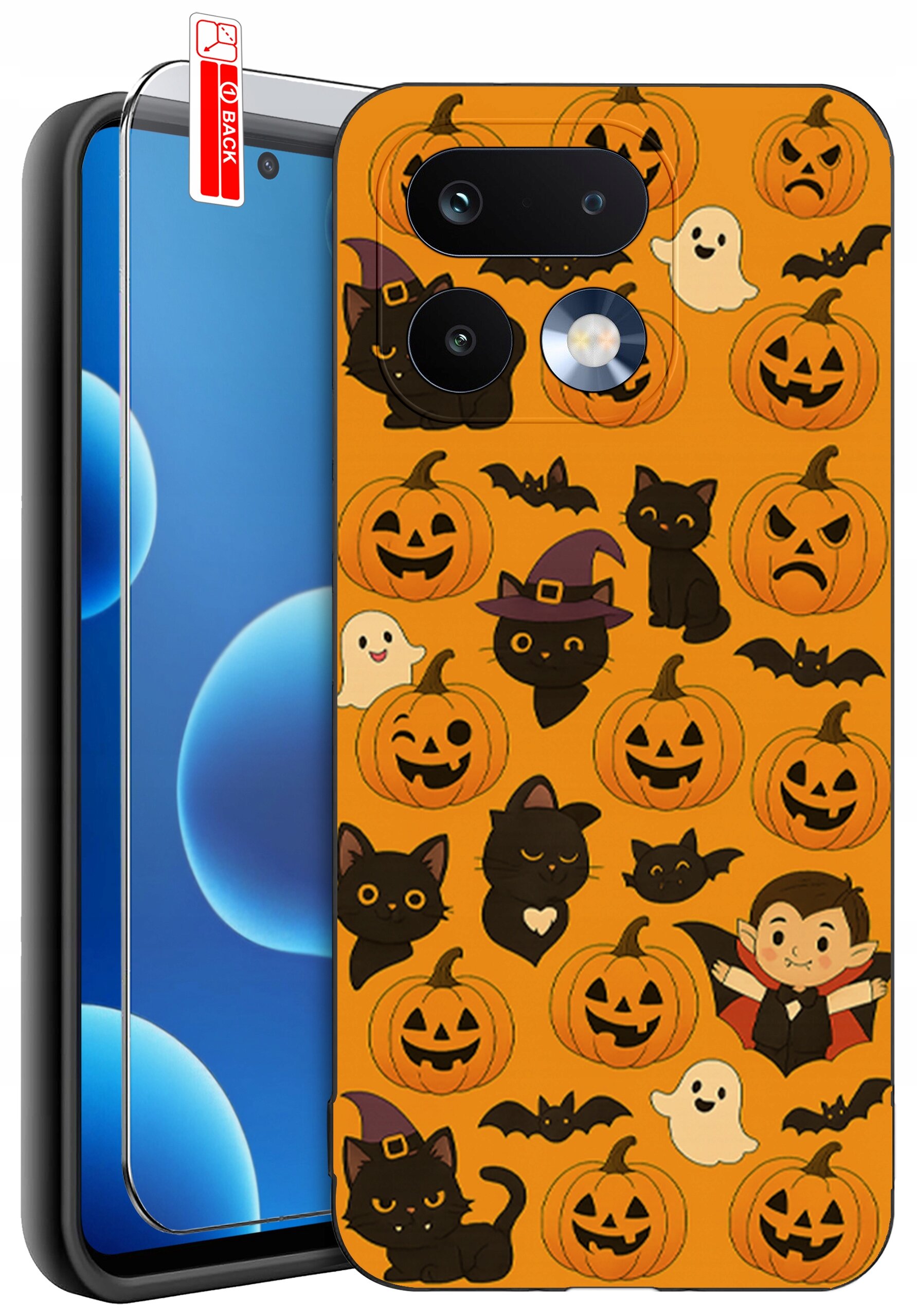 Etui na telefon z motywem Halloween, przedstawiające dynie, czarne koty, nietoperze, duchy i postać wampira na pomarańczowym tle. Obok etui znajduje się szkło ochronne z napisem \'BACK\'.