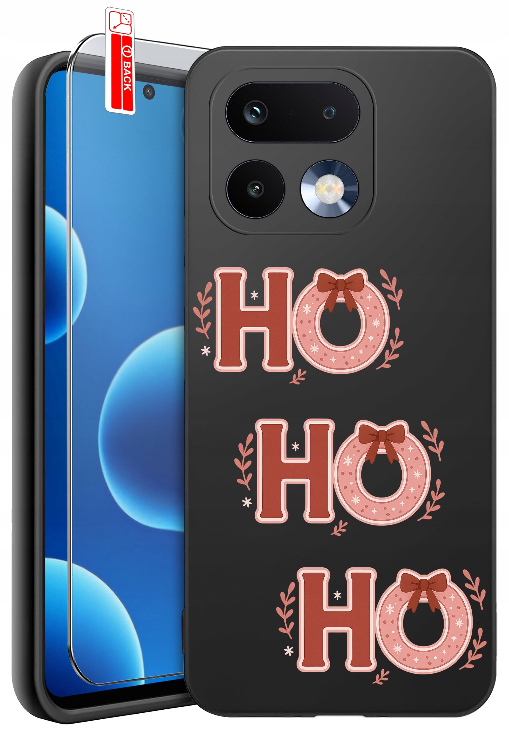 Czarne etui na telefon z napisem \'HO HO HO\' ozdobionym świątecznymi motywami. Obok etui znajduje się szkło ochronne z oznaczeniem \'BACK\'.