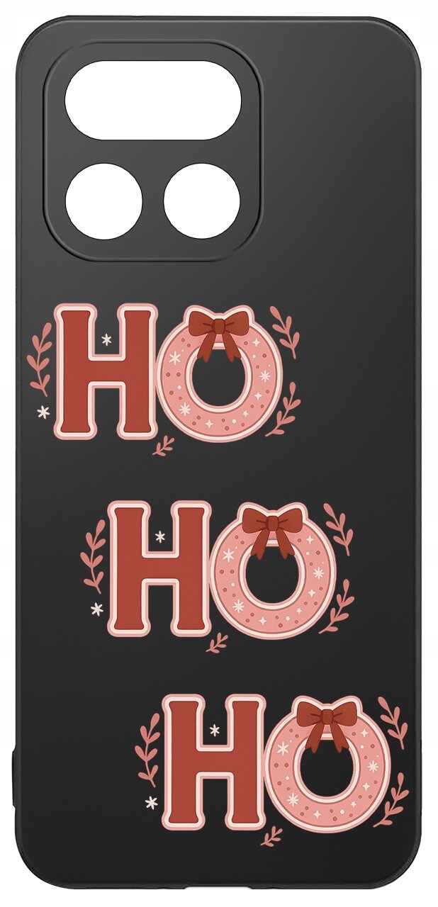 Czarne etui z trzema napisami \'HO HO HO\', gdzie litera \'O\' jest ozdobiona kokardką i gałązkami.