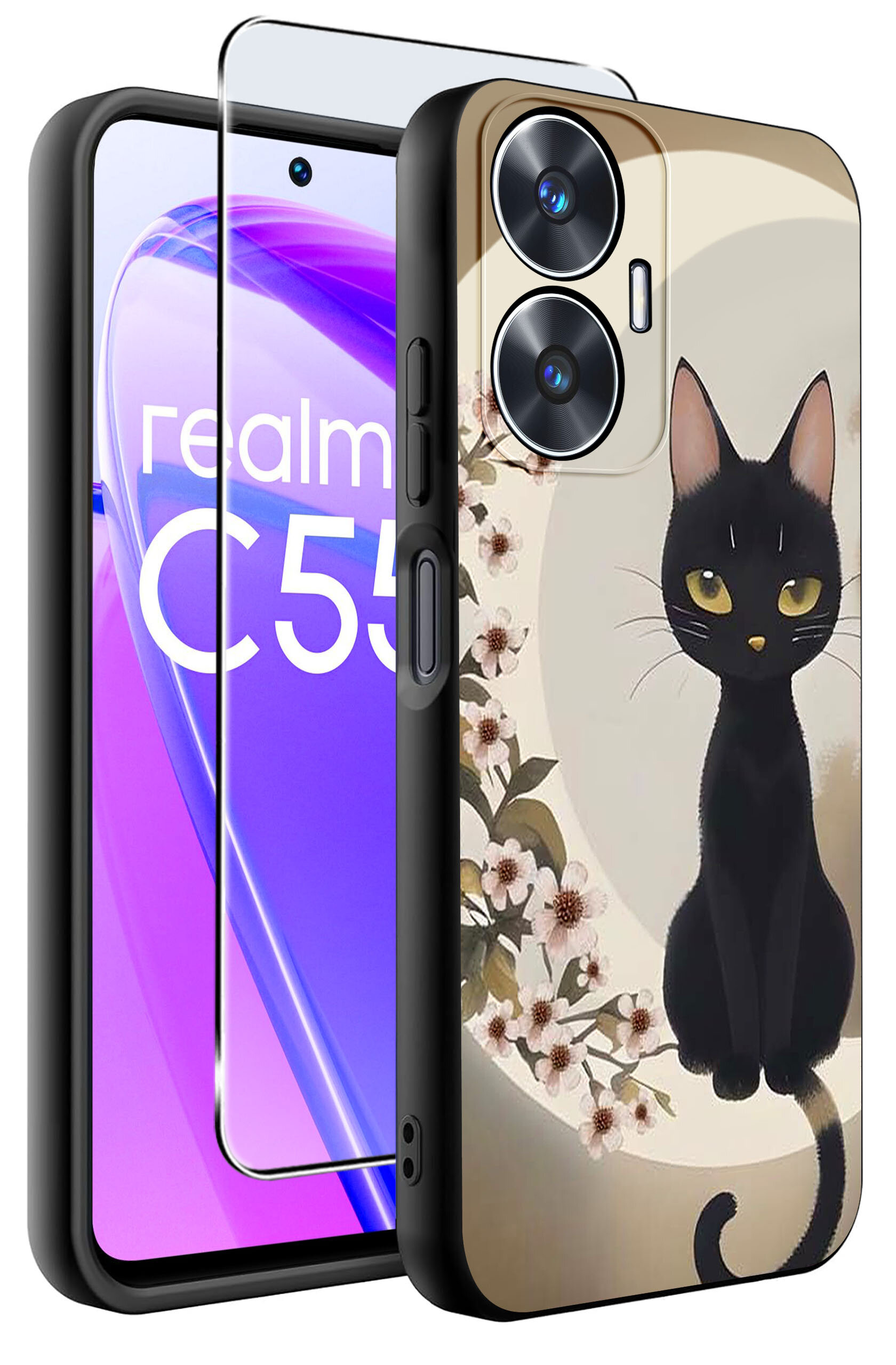 Obraz przedstawia etui na telefon z motywem czarnego kota otoczonego kwiatami oraz szkło ochronne. Na ekranie telefonu widoczny jest napis \'realme C55\'.