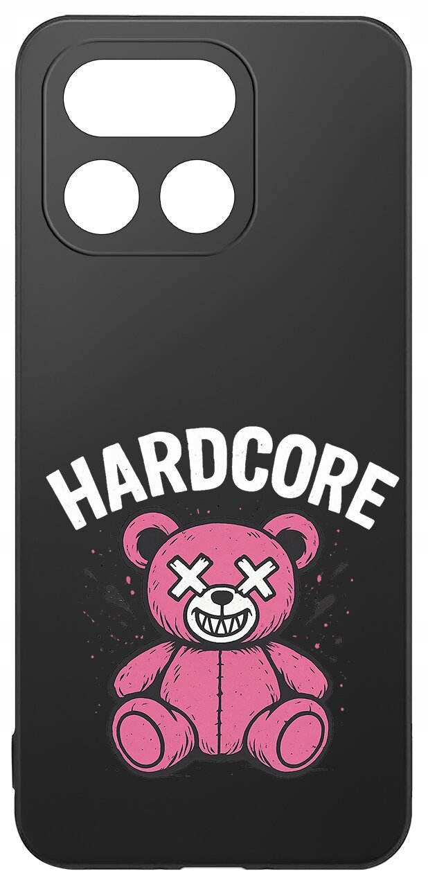 Czarne etui z nadrukiem różowego misia z zamkniętymi oczami w kształcie krzyżyków i napisem \'HARDCORE\' nad nim.