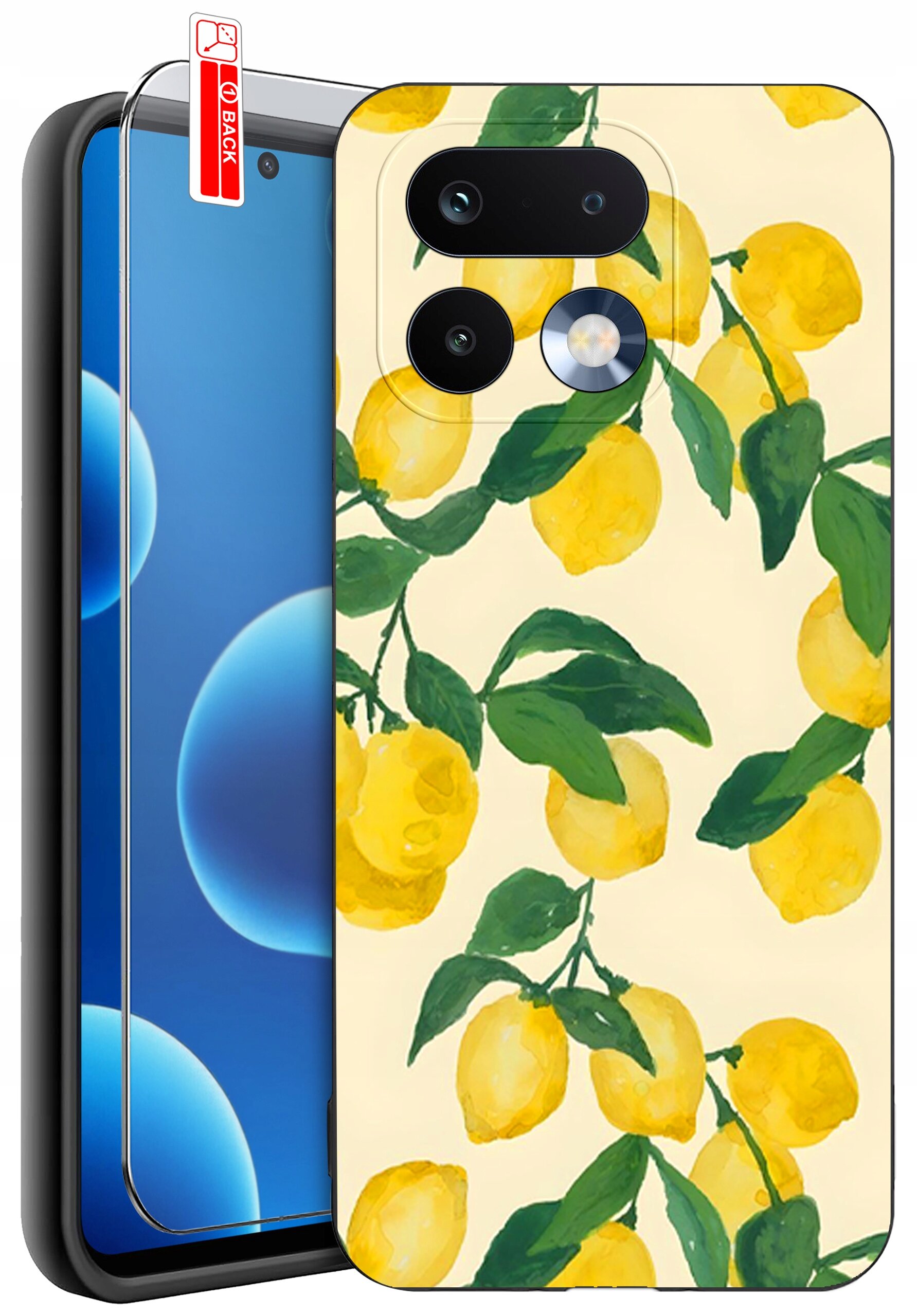 Etui na telefon z wzorem cytryn i liści, wykonane z matowego silikonu. Obok etui znajduje się szkło ochronne z oznaczeniem \'BACK\'.