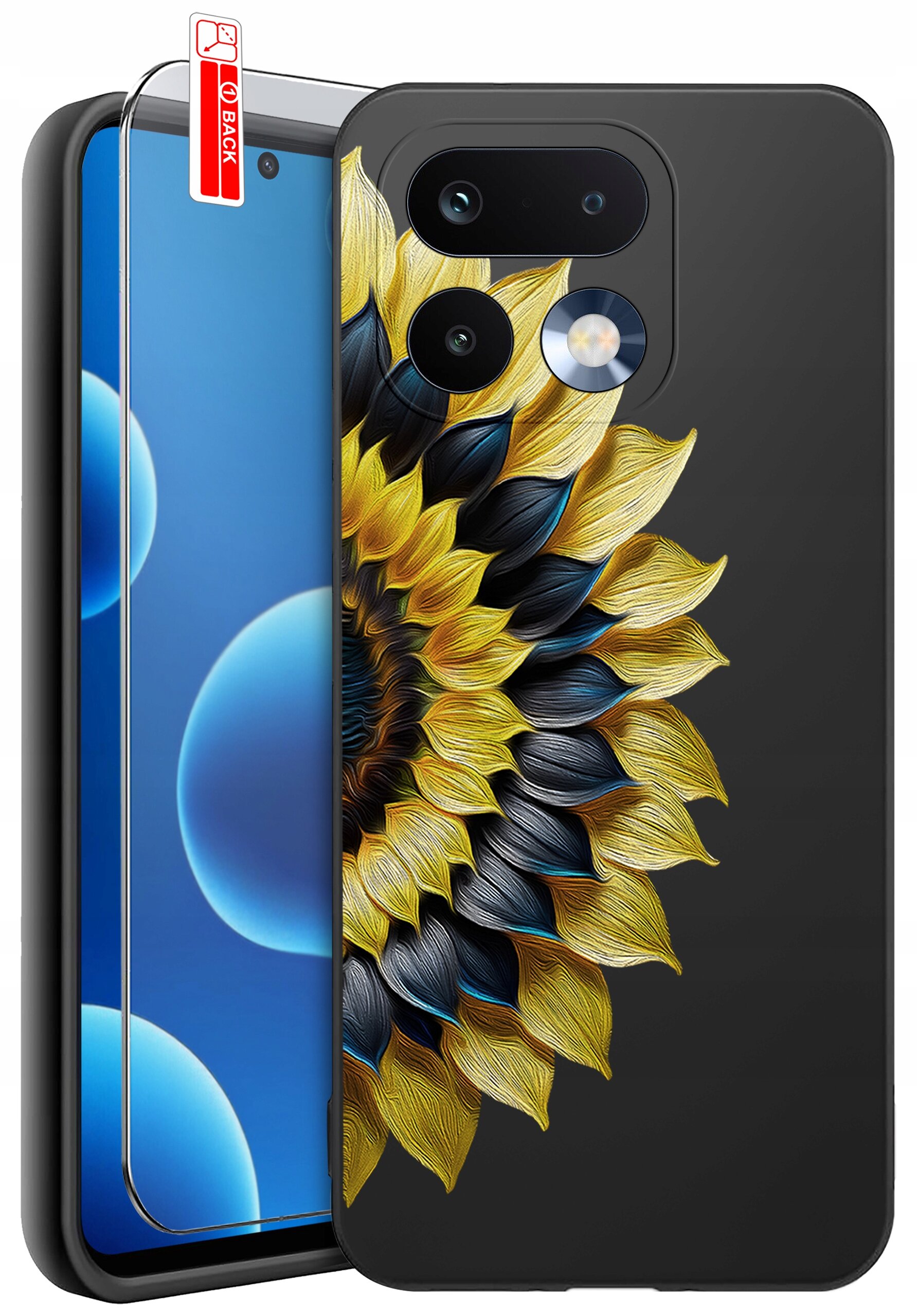 Etui na telefon z wzorem słonecznika, wykonane z czarnego materiału, z trzema otworami na aparat. Obok znajduje się szkło ochronne z naklejką \'BACK\'.