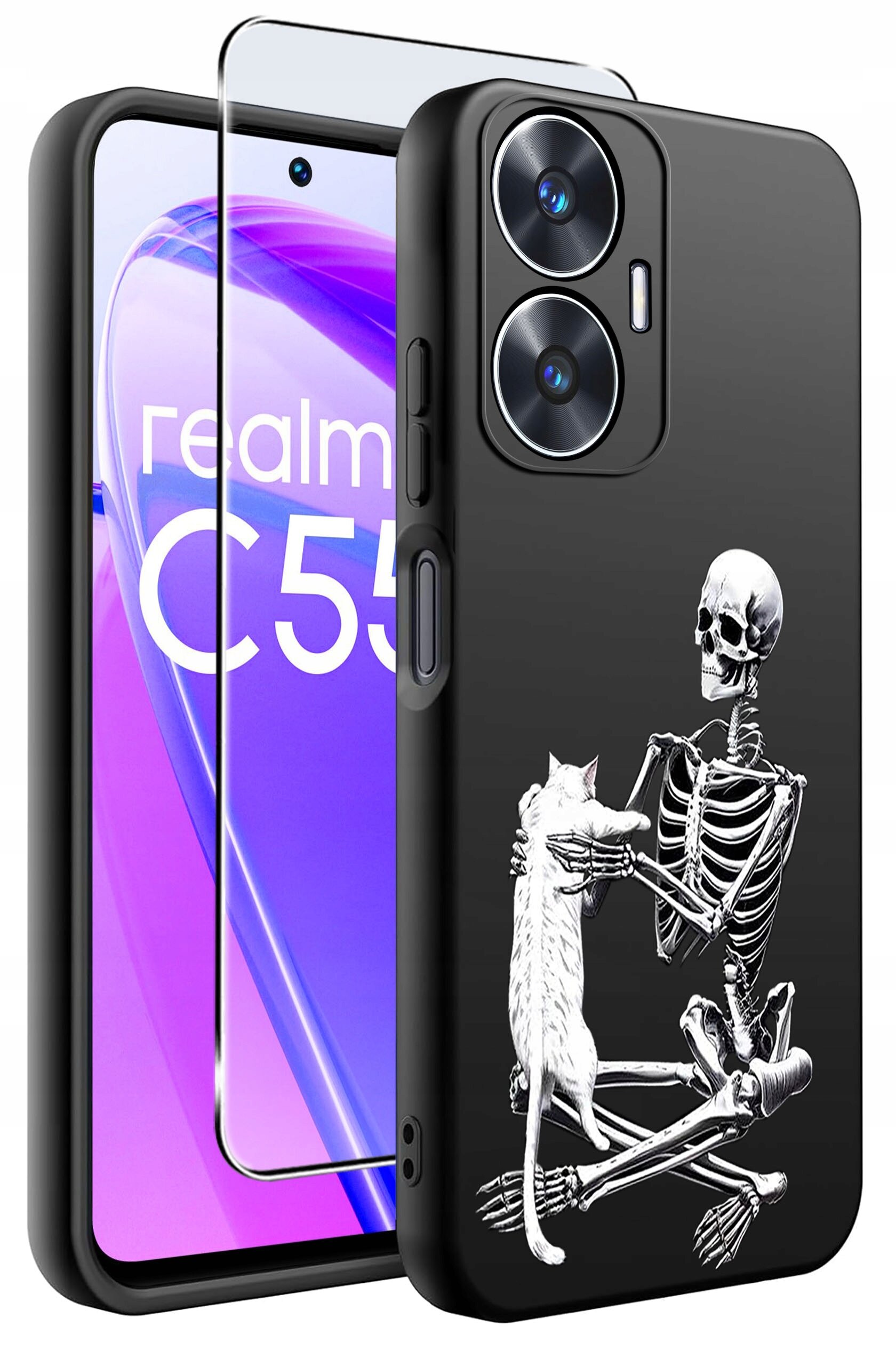 Obraz przedstawia czarne etui na telefon z nadrukiem szkieletu trzymającego kota. Obok etui znajduje się szkło ochronne na ekran, a na ekranie telefonu widoczny jest napis \'realme C55\'.