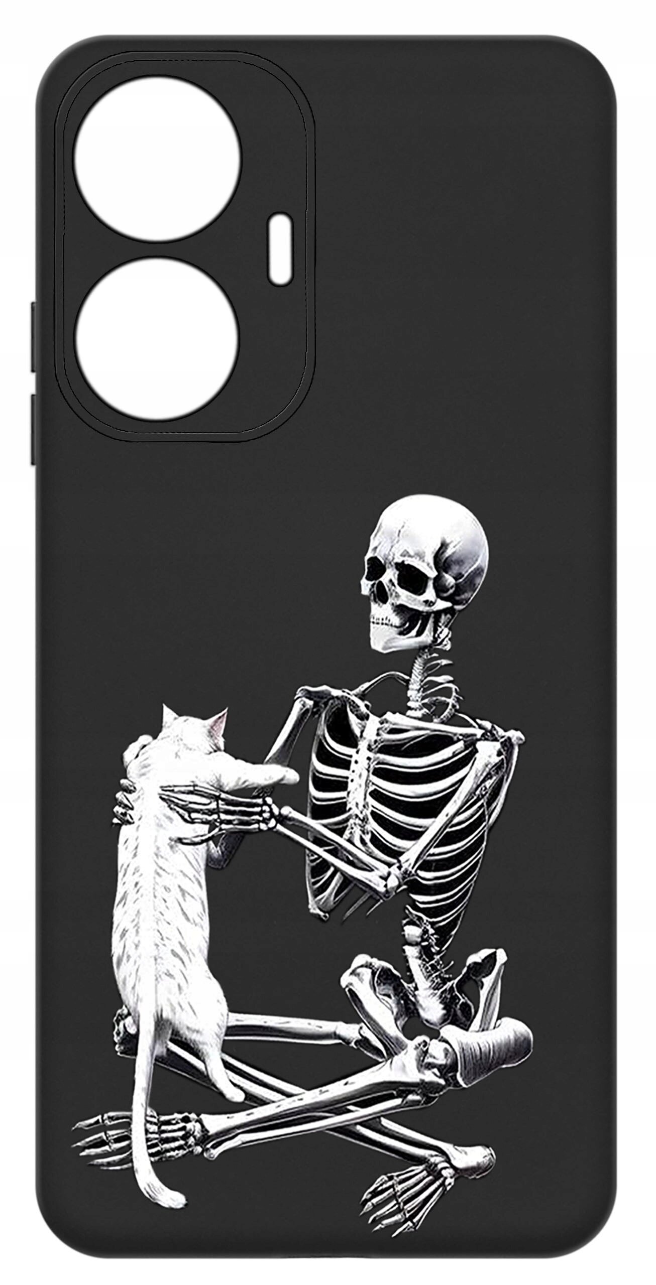 Czarne etui na telefon z nadrukiem szkieletu trzymającego białego kota. Etui ma wycięcia na aparat i przyciski.
