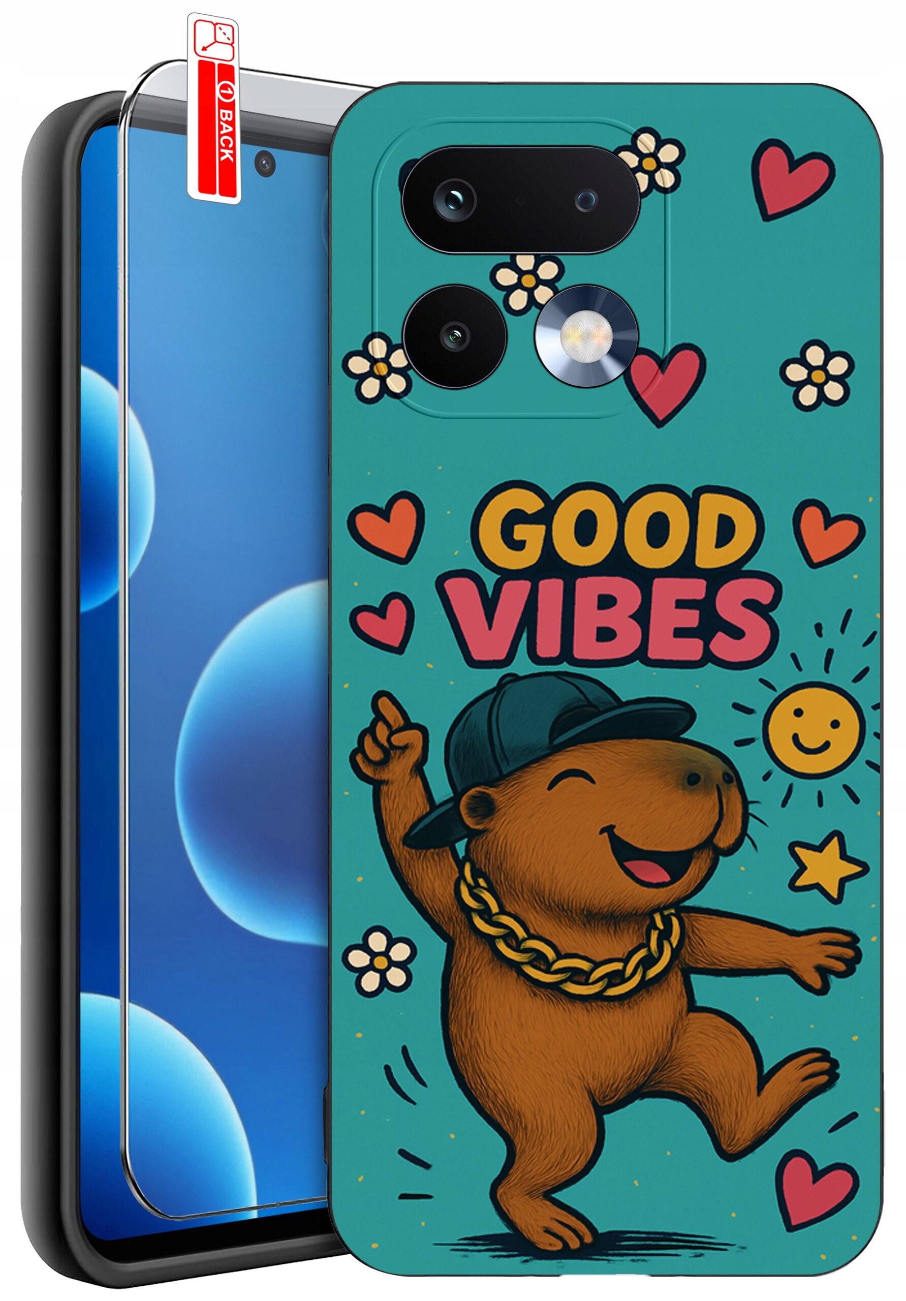Etui na telefon z kolorowym nadrukiem przedstawiającym uśmiechnięte zwierzę w czapce i naszyjniku, otoczone sercami, kwiatami i napisem \'GOOD VIBES\'. Obok etui znajduje się szkło ochronne z oznaczeniem \'BACK\'.