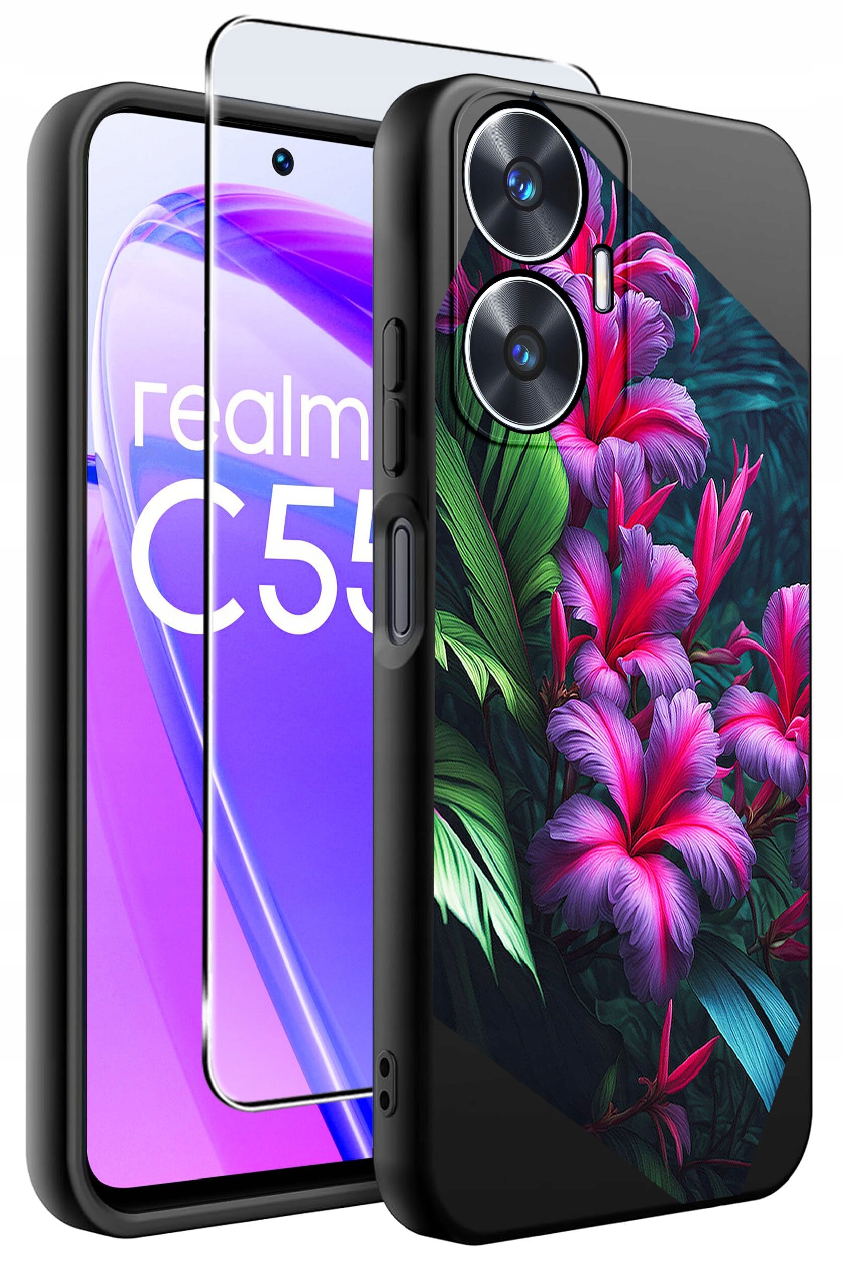 Obraz przedstawia etui na telefon z kolorowym wzorem kwiatów i liści oraz szkło ochronne. Na ekranie telefonu widoczny jest napis \'realme C55\'.