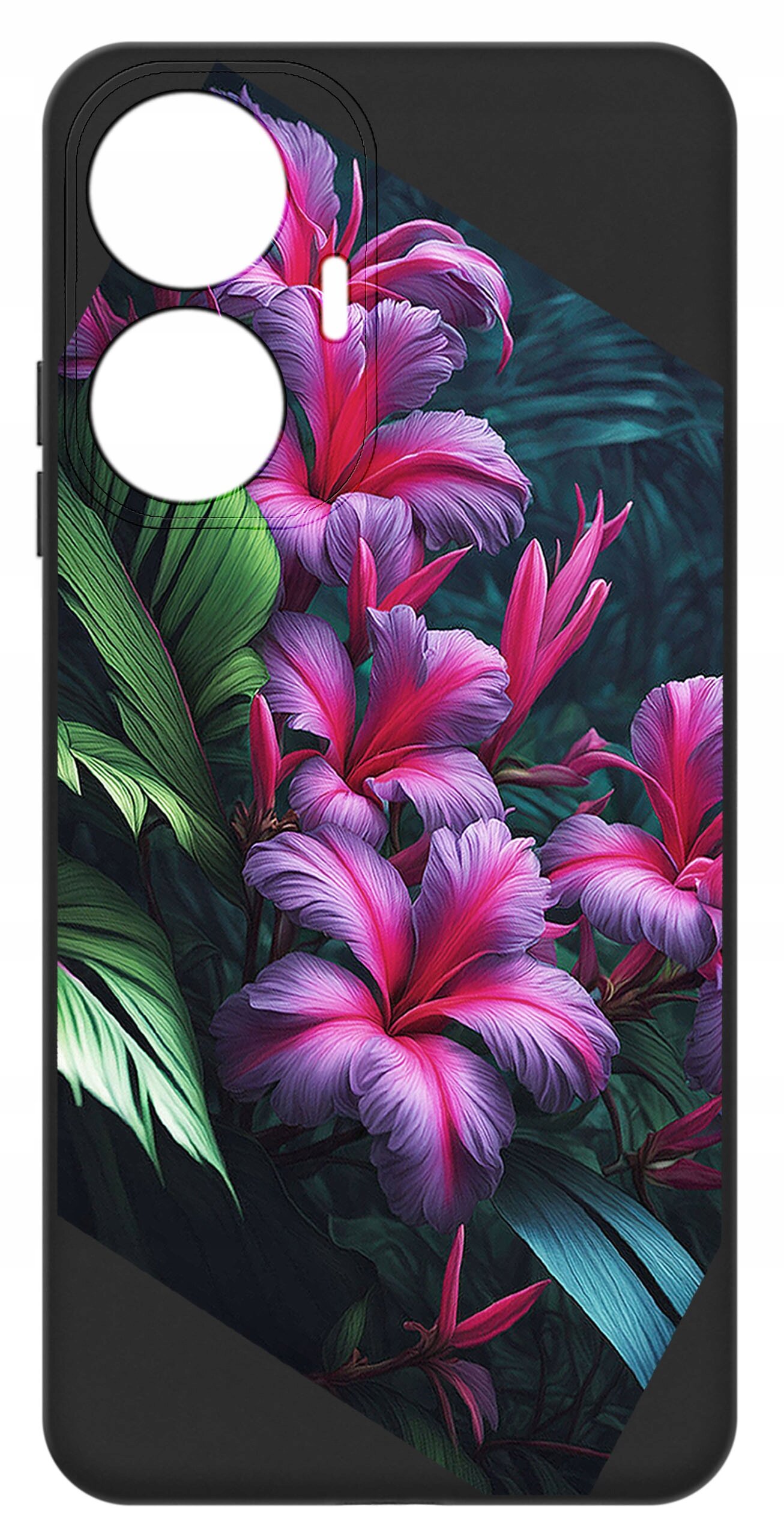 Etui na telefon z motywem kwiatowym, przedstawiające różowe i fioletowe kwiaty na tle zielonych liści. Etui ma dwa wycięcia na aparaty fotograficzne.