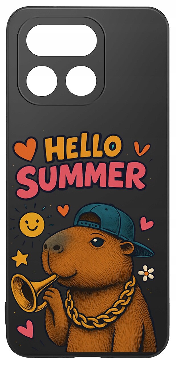 Etui na telefon z grafiką przedstawiającą zwierzę w czapce z łańcuchem, trzymające trąbkę, oraz napisem \'HELLO SUMMER\'. Wokół znajdują się serca, uśmiechnięta buźka i kwiatki.