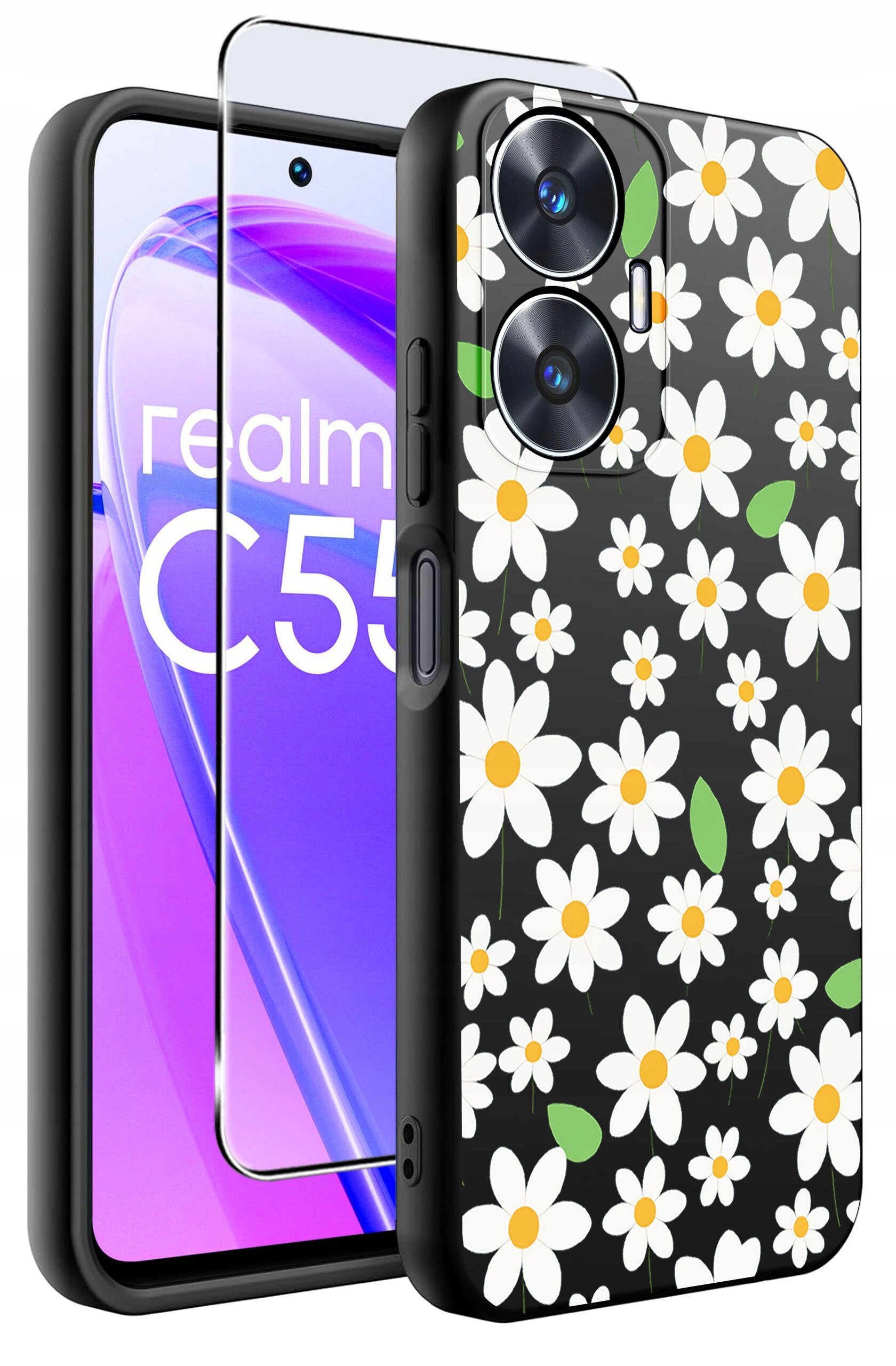 Obraz przedstawia etui na telefon z wzorem białych kwiatów na czarnym tle oraz szkło ochronne. Na ekranie telefonu widoczny jest napis \'realme C55\'.