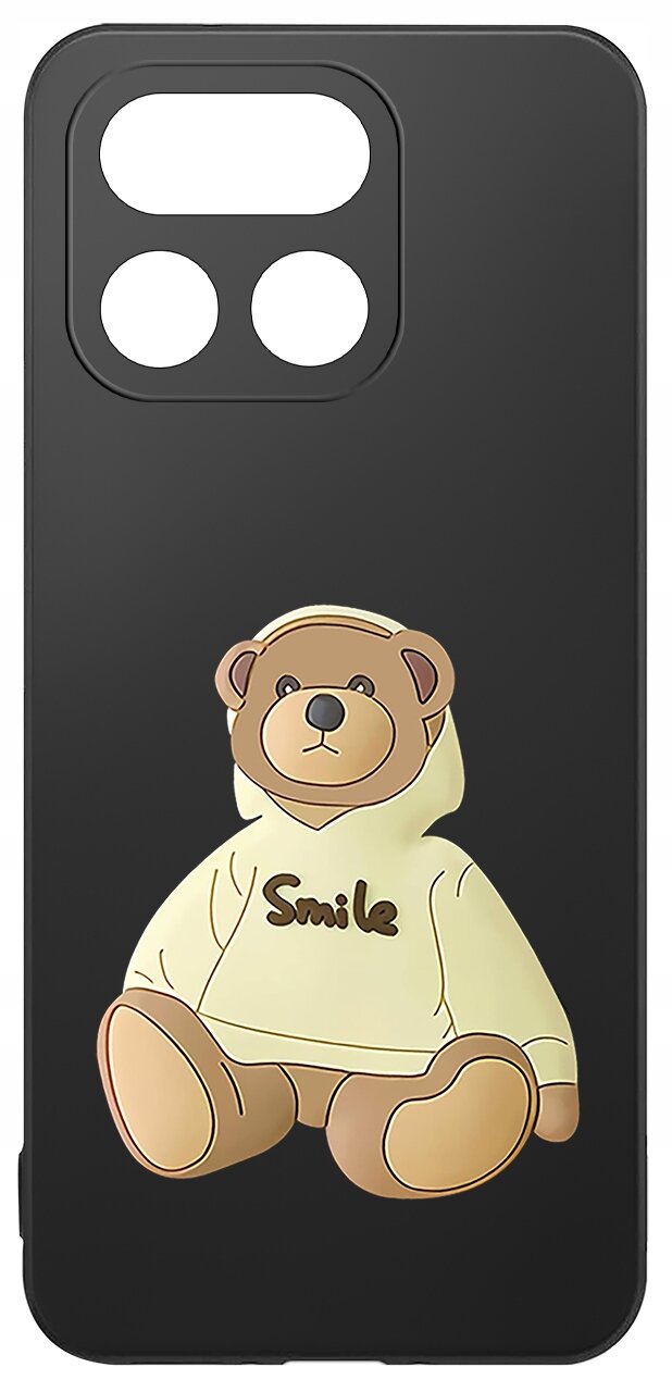 Czarne etui z wycięciami na aparat, ozdobione grafiką misia w kremowej bluzie z napisem \'Smile\'.